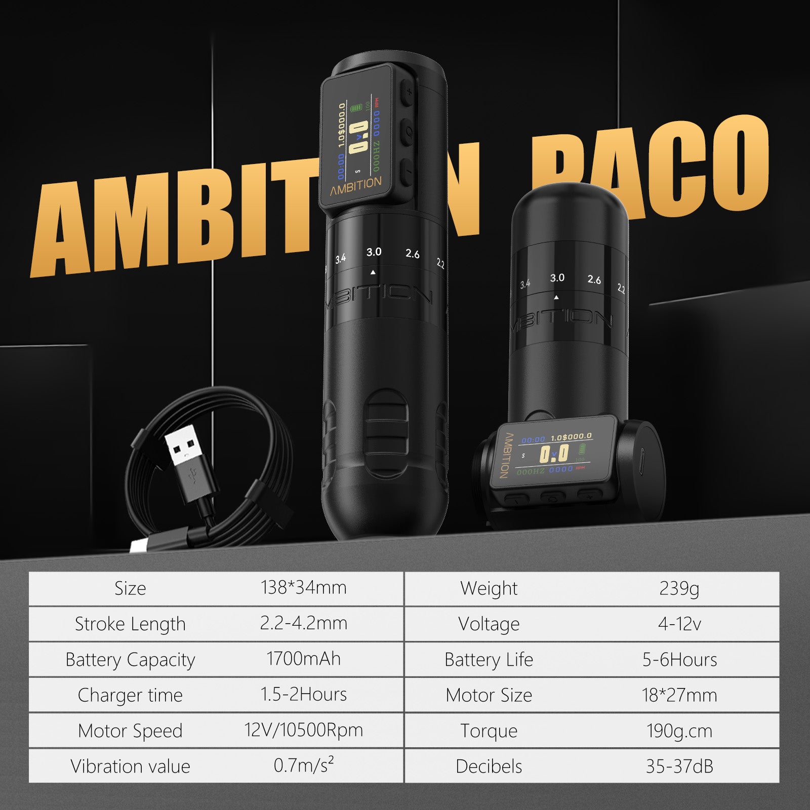 Ambition Paco 2025 Adjustable Stroke Wireless Tattoo Machine 2.2mm-4.2mm