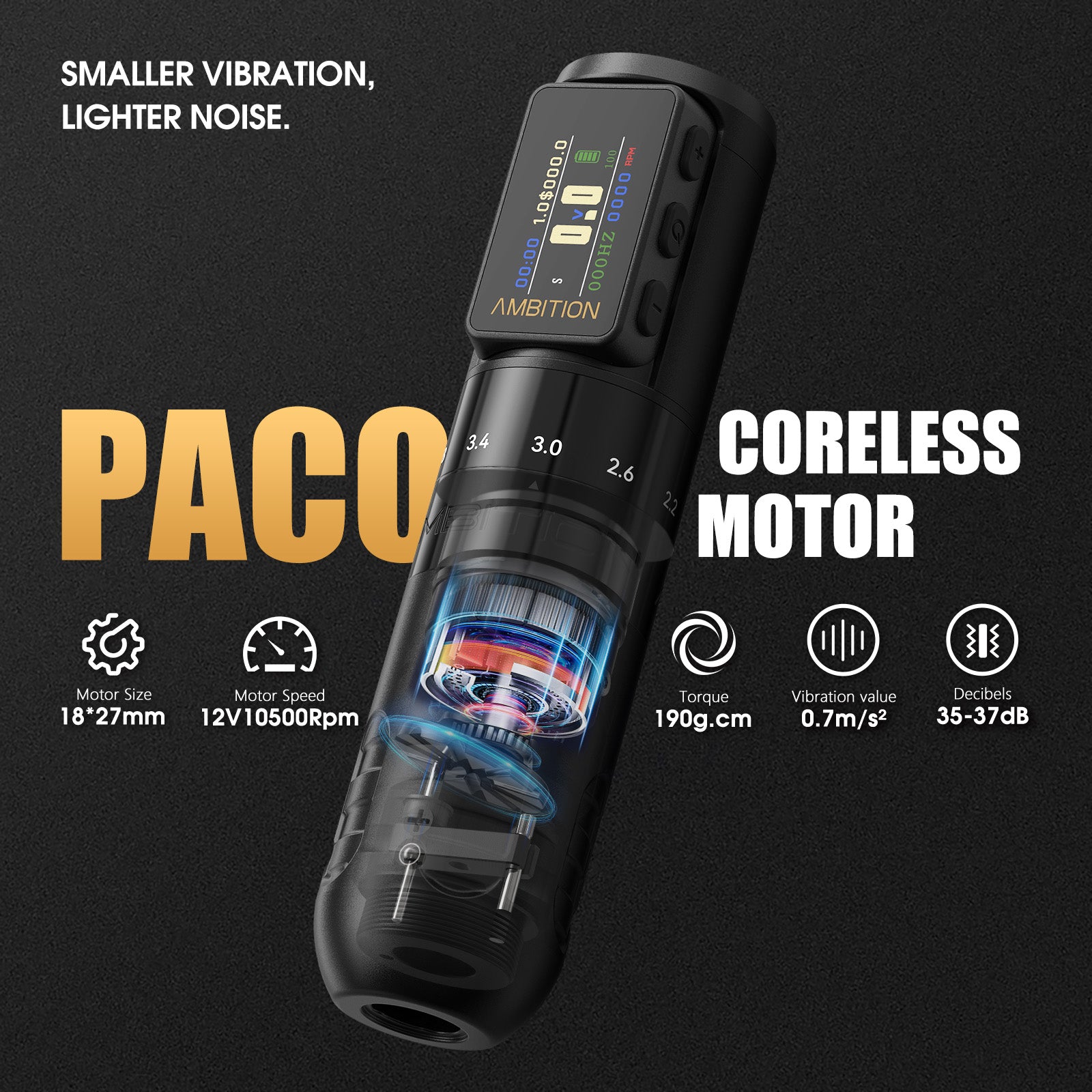 Ambition Paco 2025 Adjustable Stroke Wireless Tattoo Machine 2.2mm-4.2mm