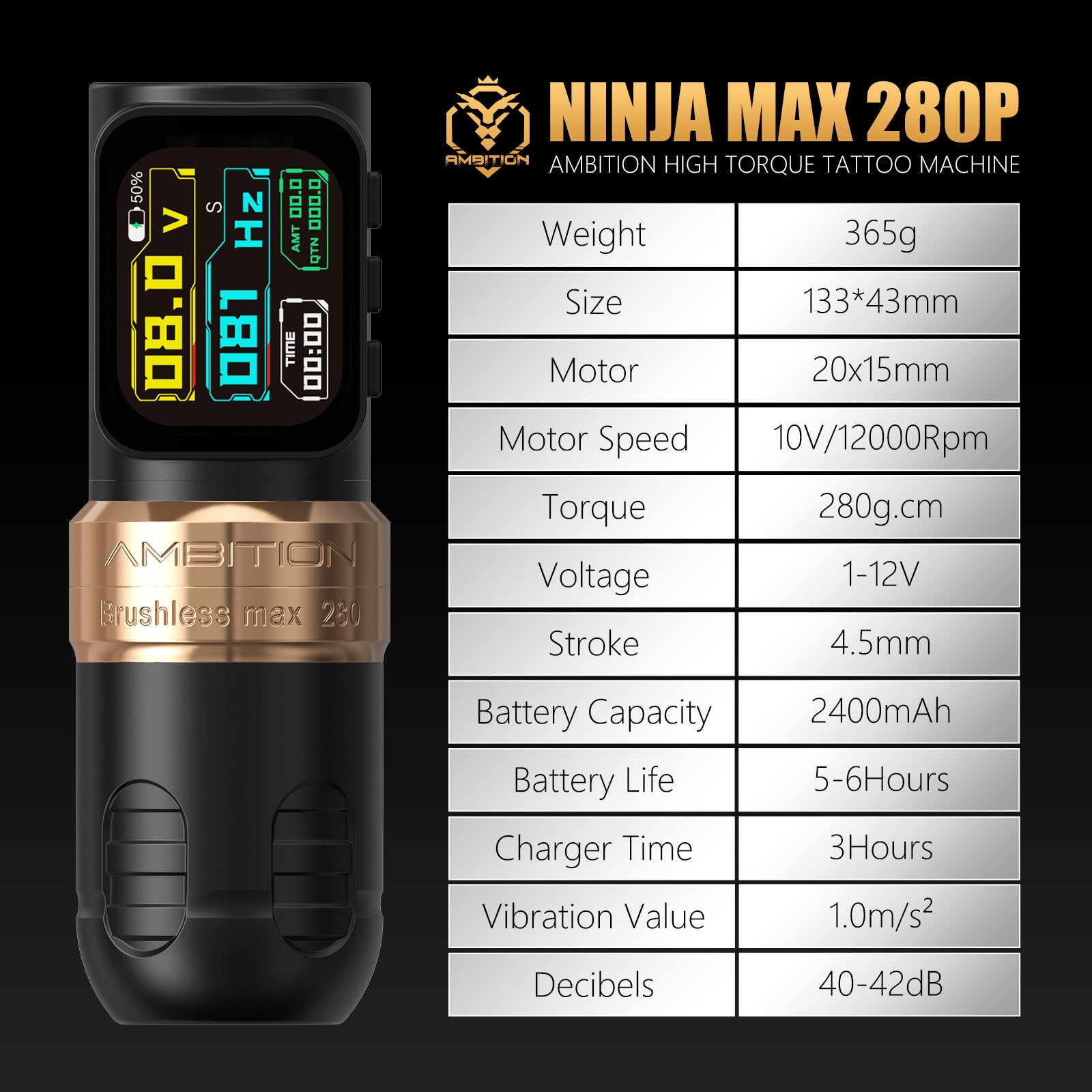 Ambition Ninja Max 280P Wireless Tattoo Machine 4.5+3.5mm