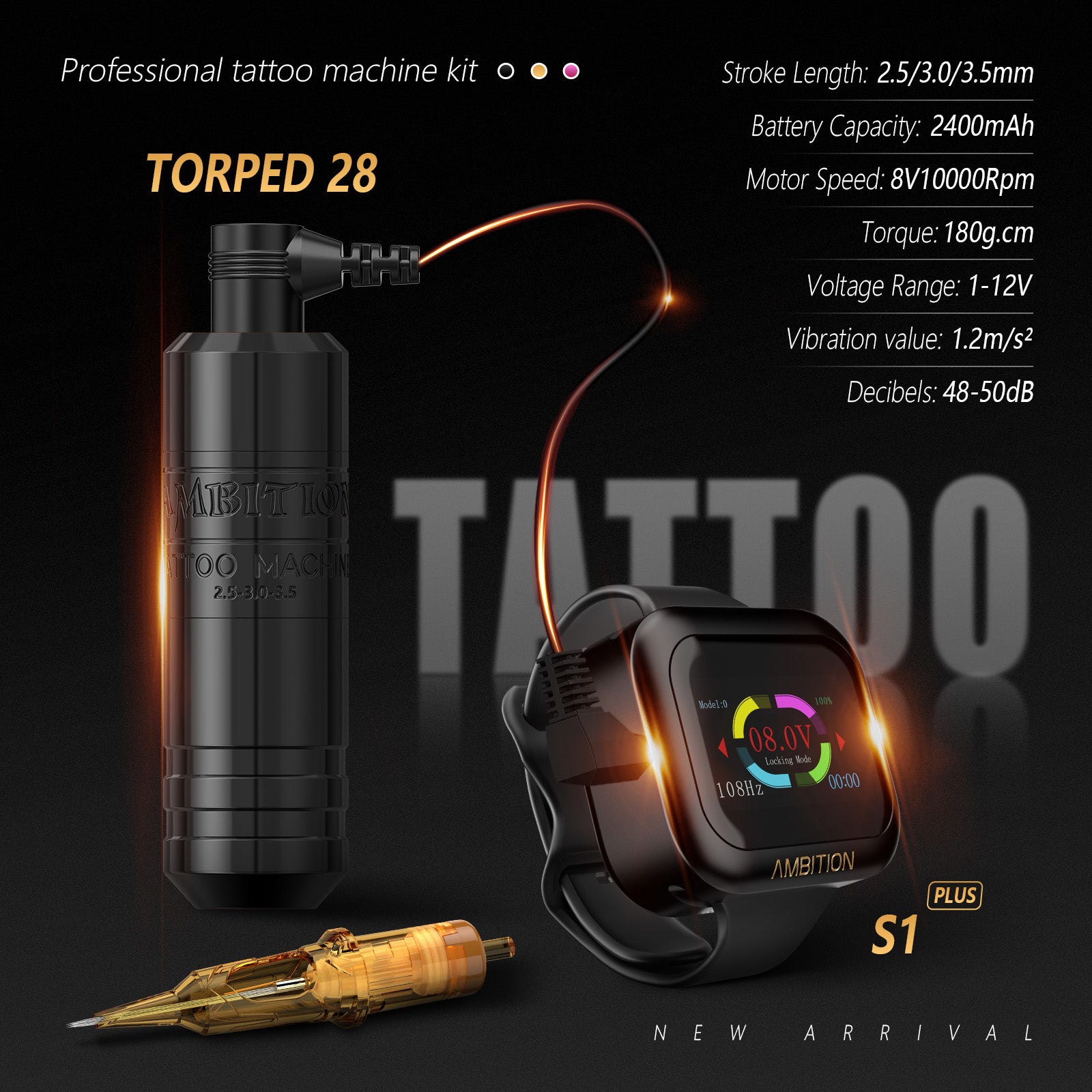 Ambition Torped 28 Wireless Tattoo Kit S1 Plus Watch Battery Stencil Printer