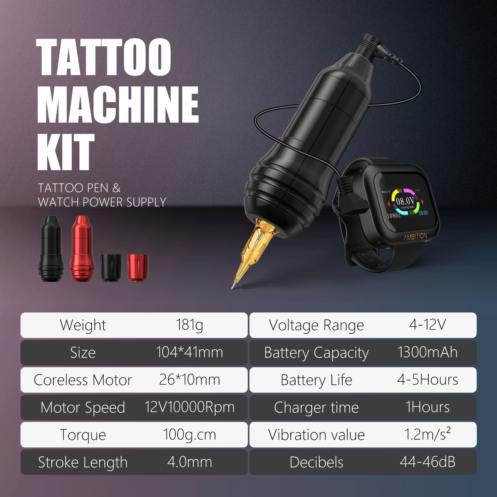 Ambition Rotary Wireless Tattoo Machine + RCA Watch-Style Power Supply