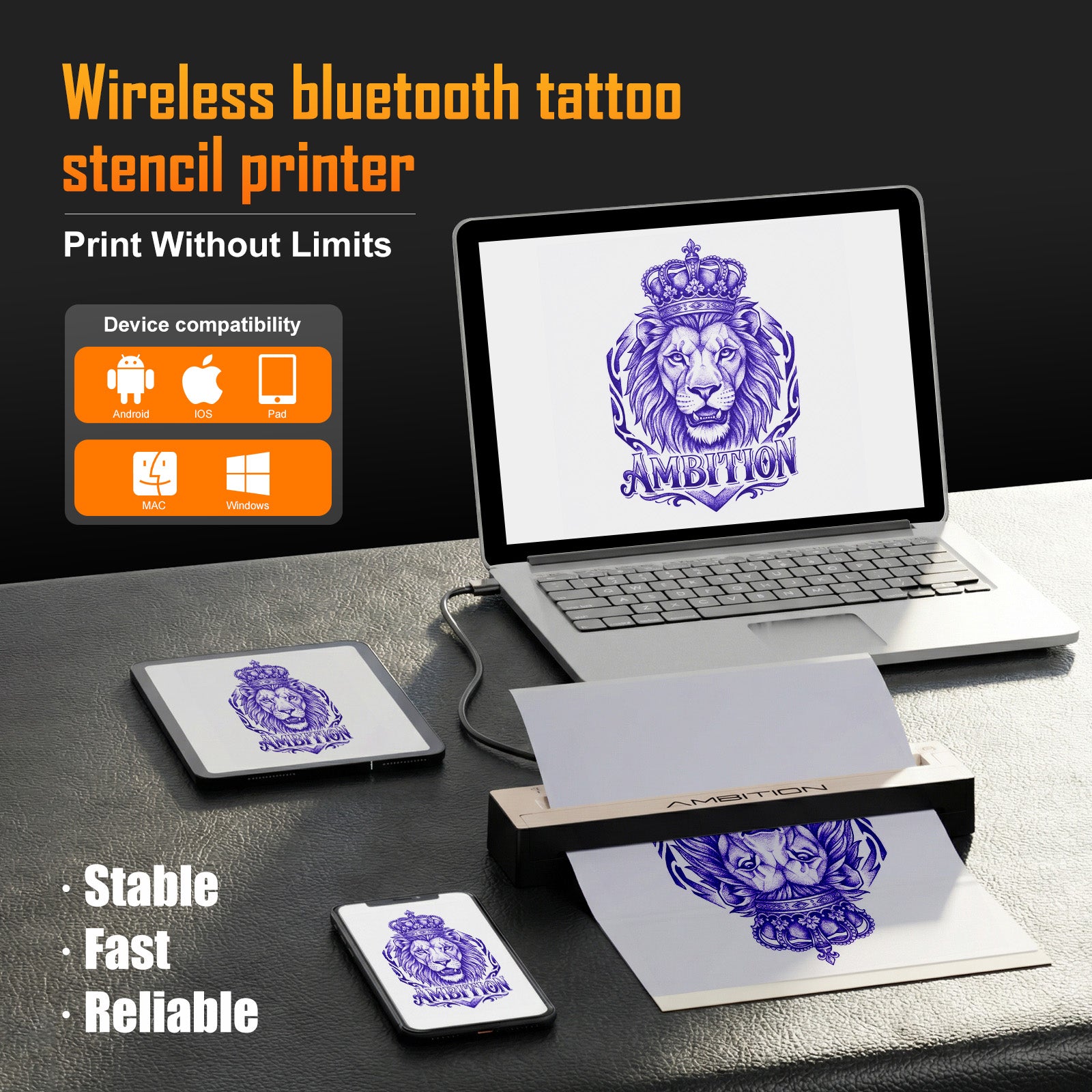 Ambition Soldier Wireless Tattoo Machine Kit + Bluetooth Stencil