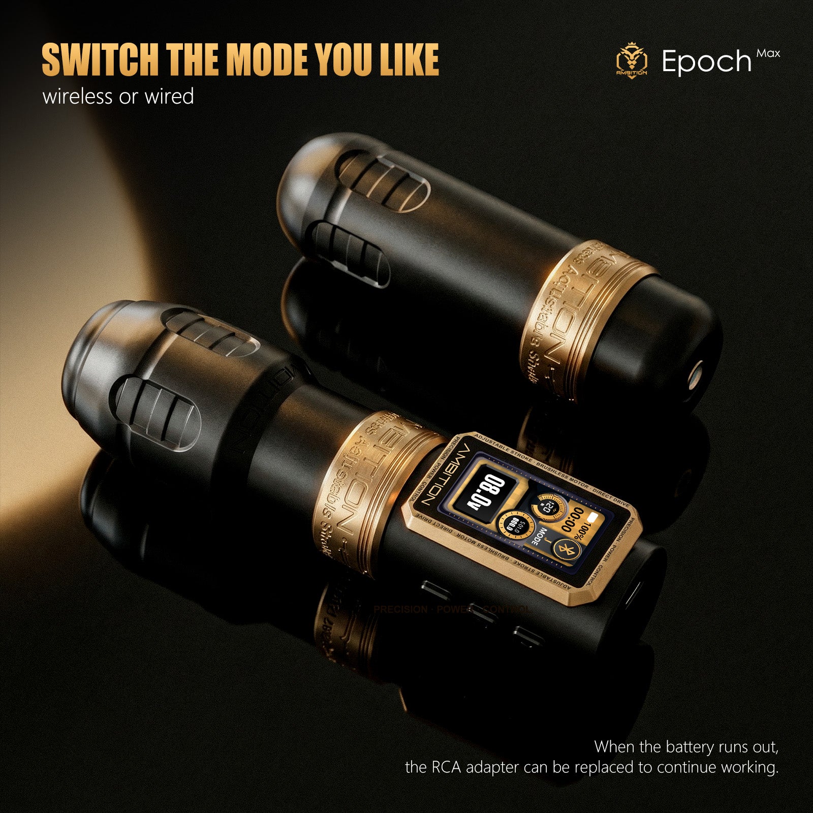 Ambition Epoch Max Professional Wireless Tattoo Machine — 1.0-5.0mm Adjustable Stroke | Brushless Motor