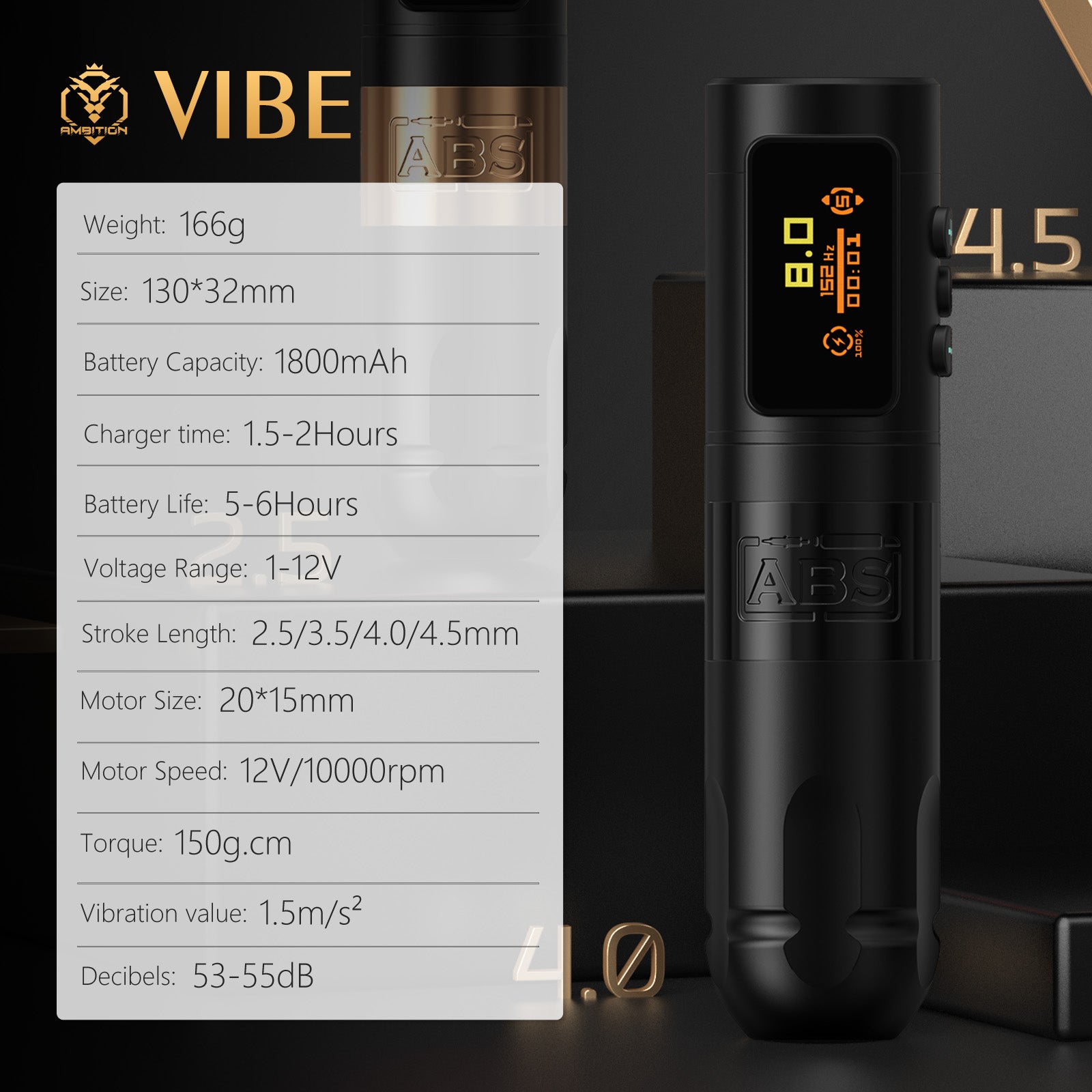 Ambition ABS Vibe Wireless Tattoo Machine Stroke 2.5-3.5-4.0-4.5mm