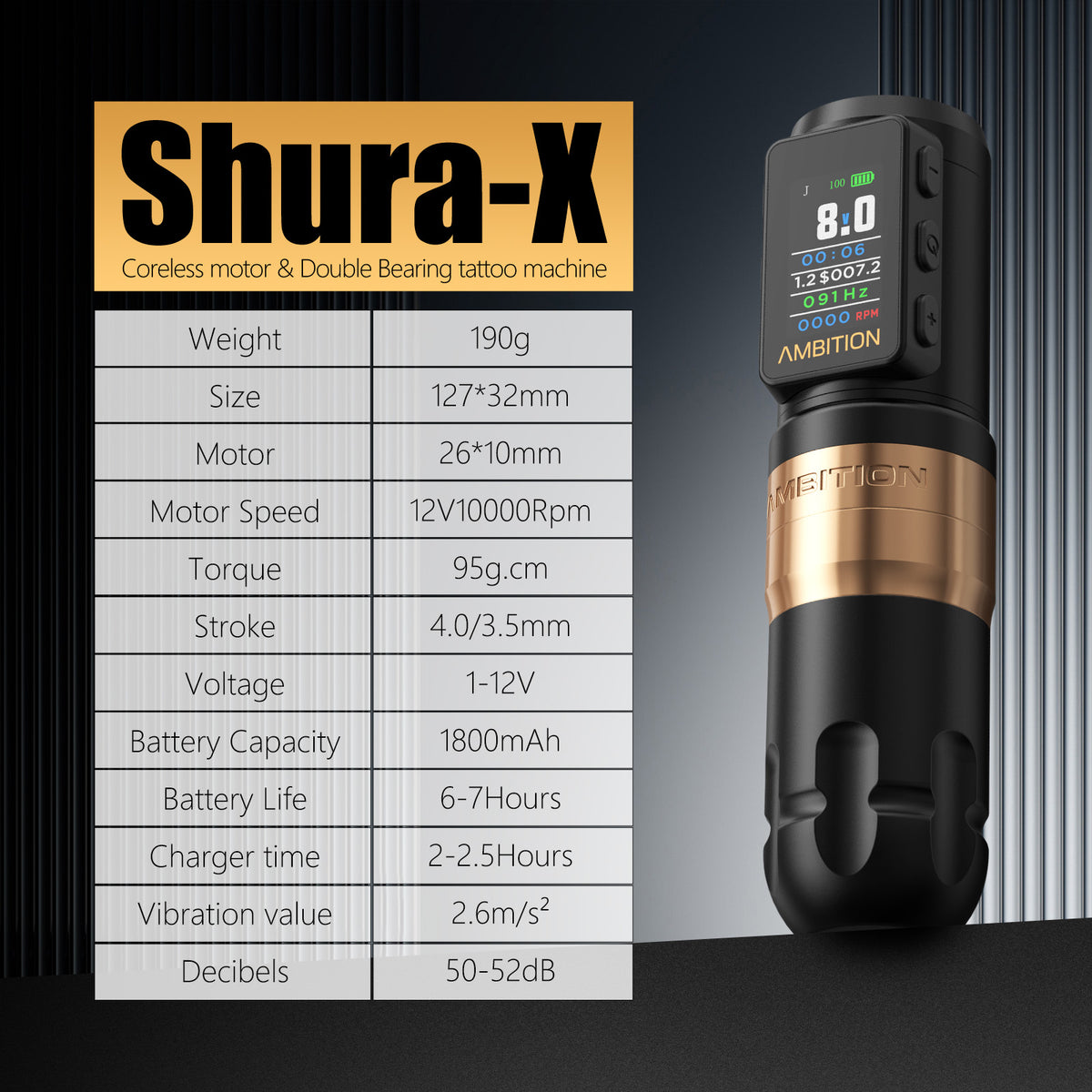 Ambition Shura-X Wireless Tattoo Machine 3.5mm+4.0mm Stroke