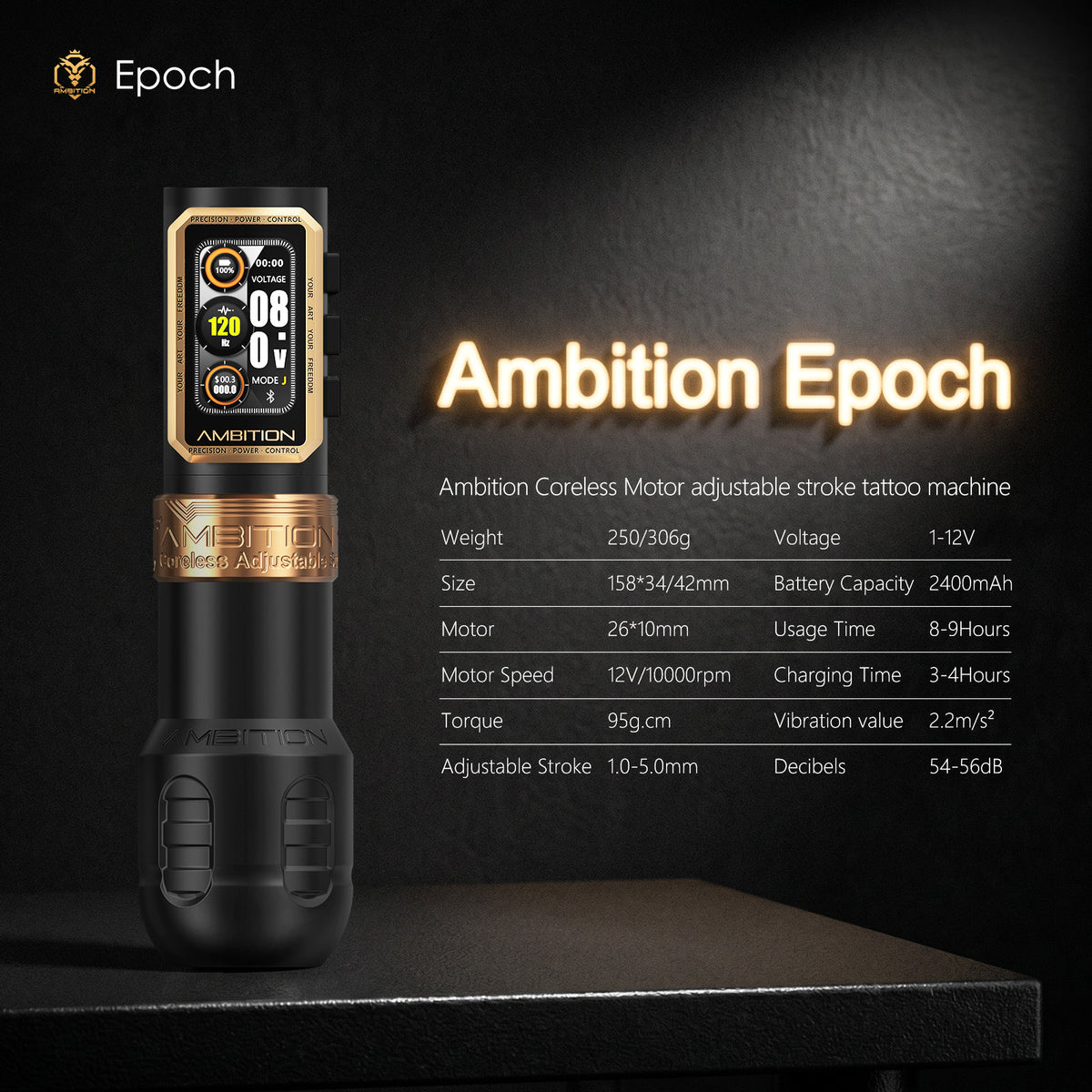 Ambition Epoch Wireless Tattoo Machine Coreless Motor 34/42mm Grip