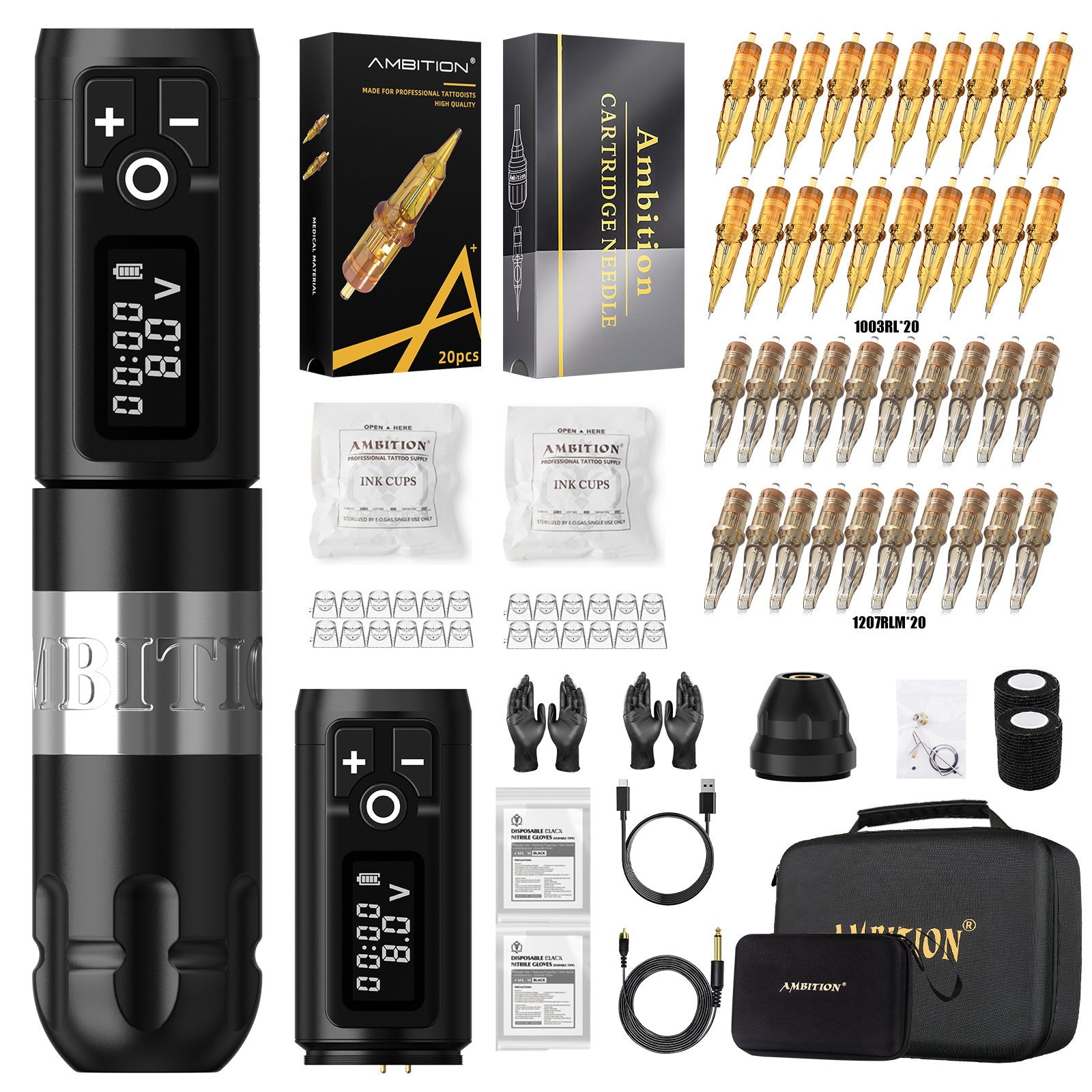 Ambition Soldier Wireless Tattoo Kit 40pcs Mixed Cartridges