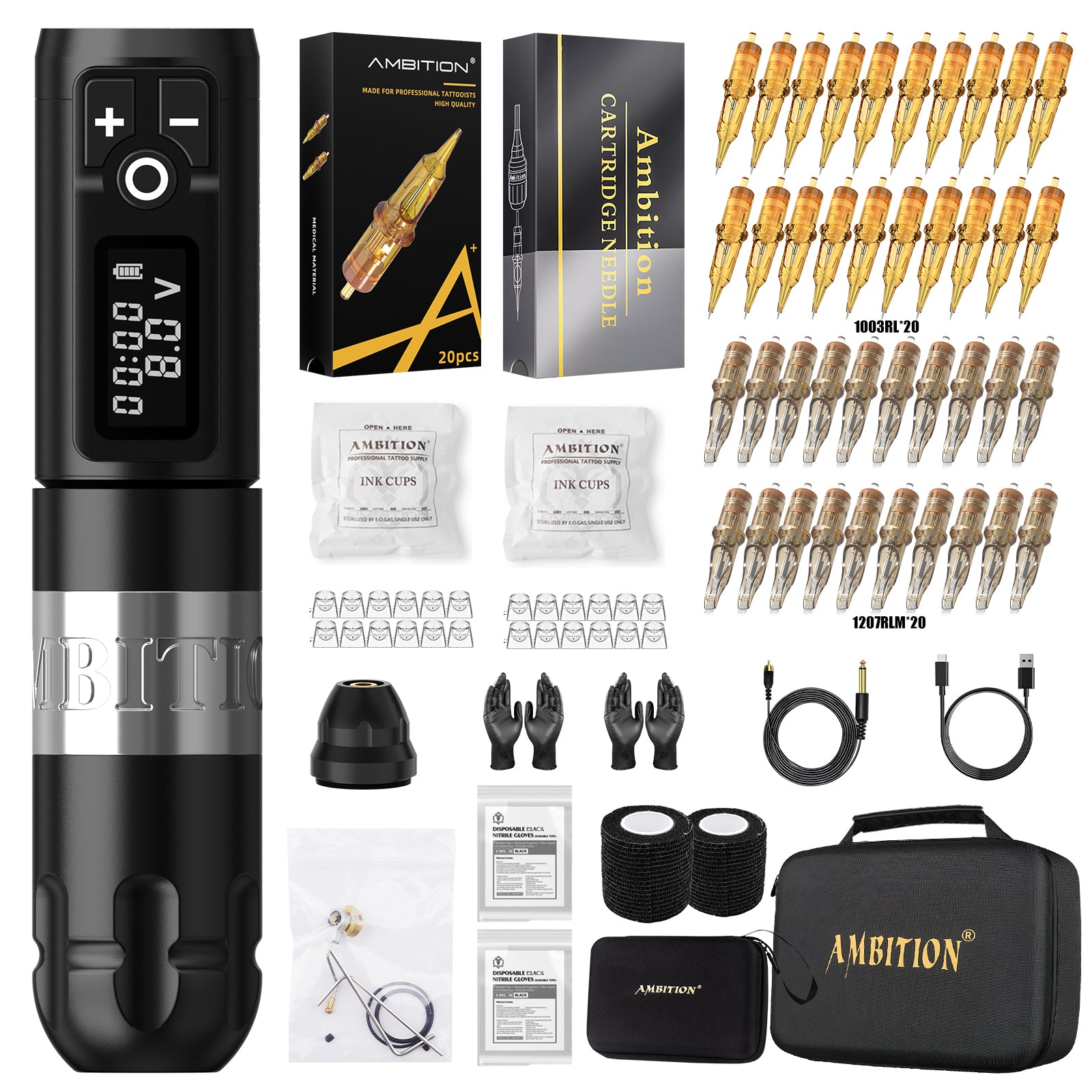 Ambition Soldier Wireless Tattoo Kit 40pcs Mixed Cartridges