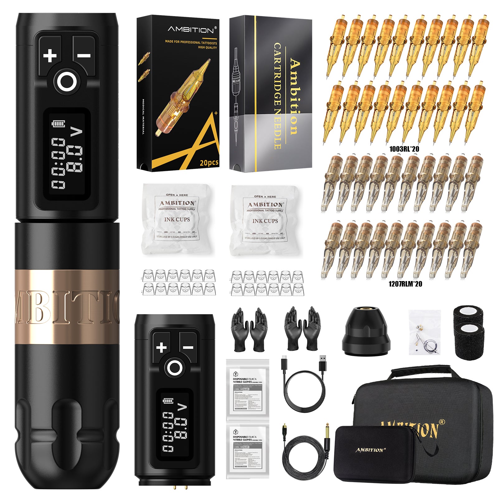 Ambition Soldier Wireless Tattoo Kit 40pcs Mixed Cartridges
