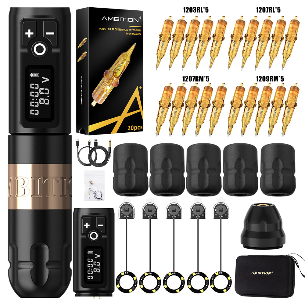 Ambition Soldier Wireless Tattoo Machine Complete Tattoo Kit with 5 LED Grip Lights, 5 Disposable Grips & 20 Cartridges