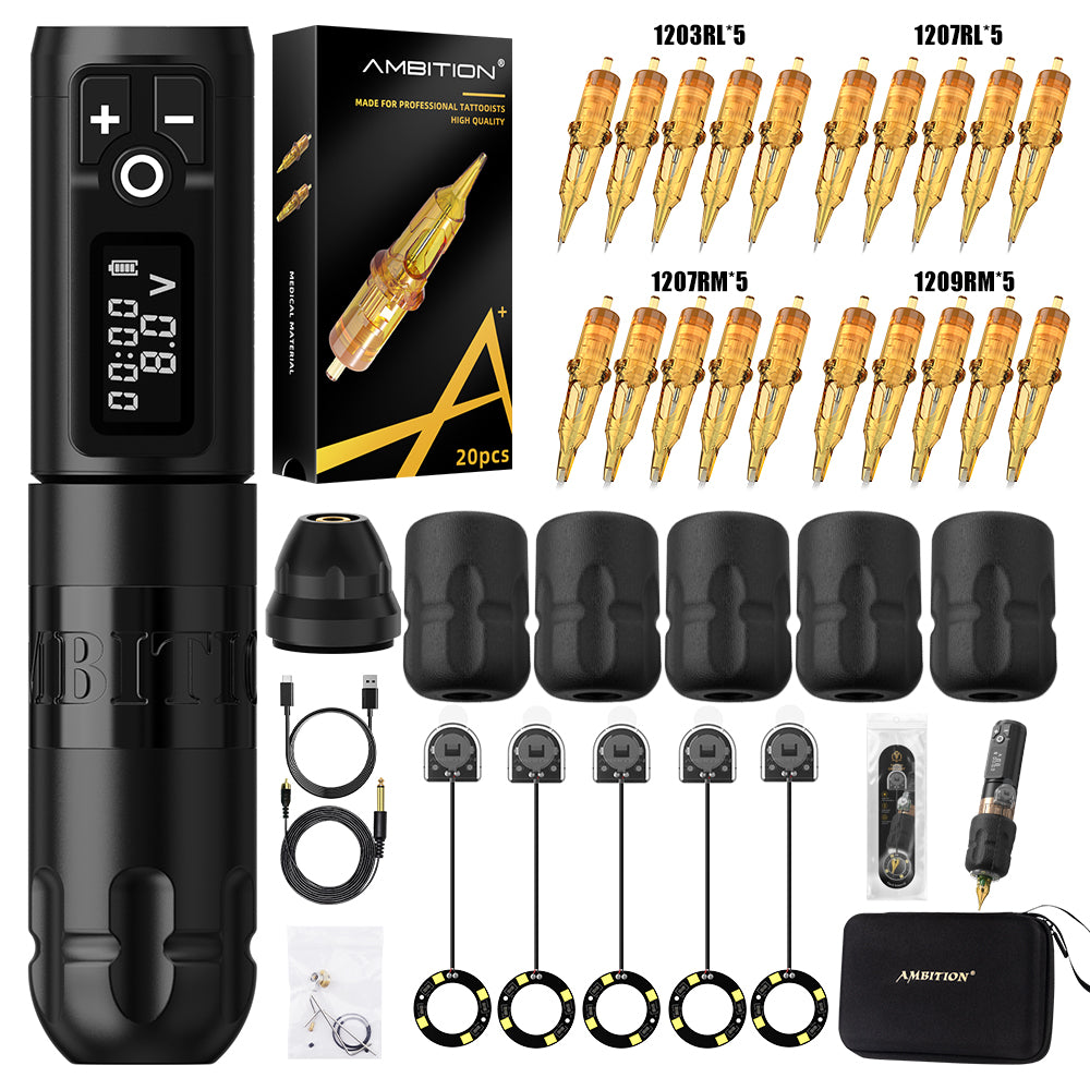 Ambition Soldier Wireless Tattoo Machine Complete Tattoo Kit with 5 LED Grip Lights, 5 Disposable Grips & 20 Cartridges