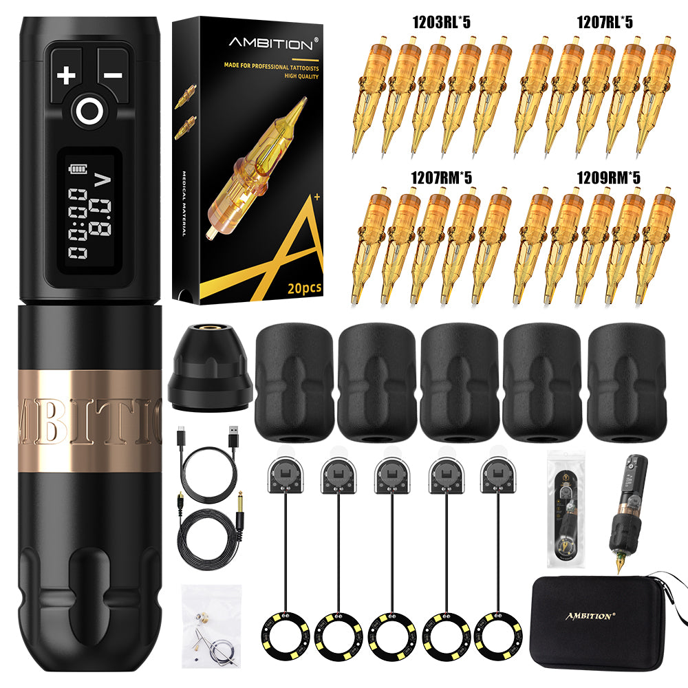 Ambition Soldier Wireless Tattoo Machine Complete Tattoo Kit with 5 LED Grip Lights, 5 Disposable Grips & 20 Cartridges