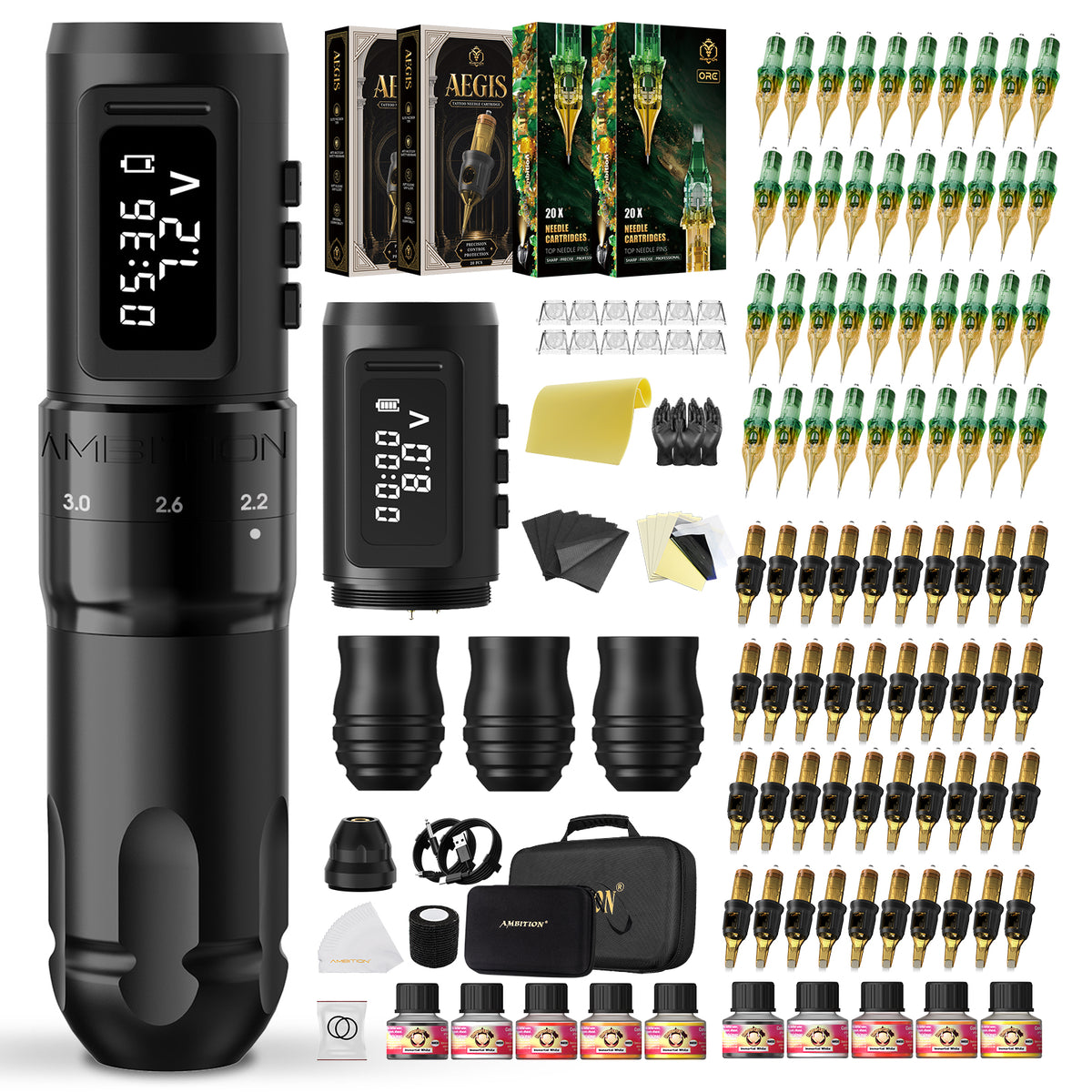 Ambition Mars-U Adjustable Stroke Wireless Tattoo Machine Kit 80pcs Cartridges
