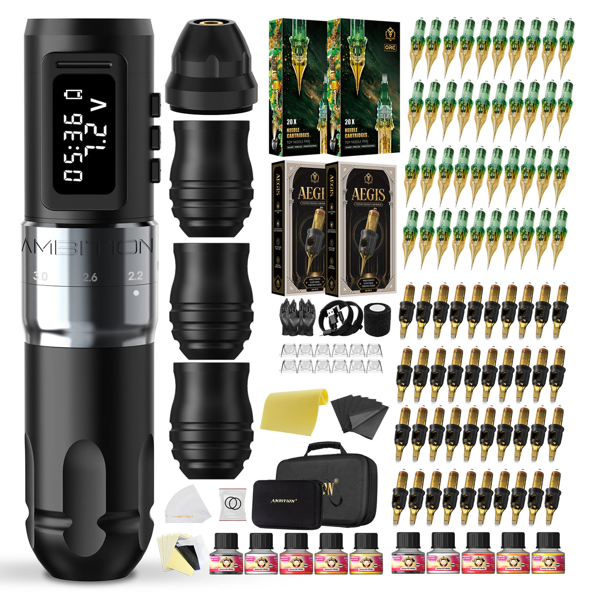 Ambition Mars-U Adjustable Stroke Wireless Tattoo Machine Kit 80pcs Cartridges