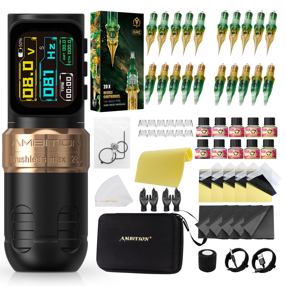 Ambition Ninja Max 280P Wireless Tattoo Machine Kit With Mixed ORE Cartridges 20pcs