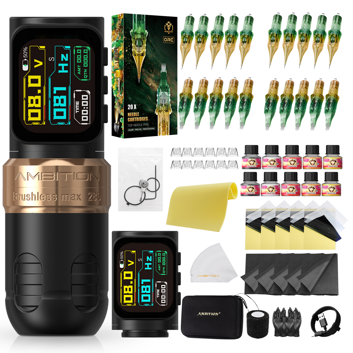 Ambition Ninja Max 280P Wireless Tattoo Machine Kit With Mixed ORE Cartridges 20pcs