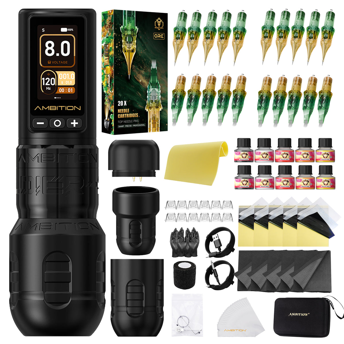 Ambition Soldier 270 Wireless Tattoo Machine Kit with ORE Cartridges