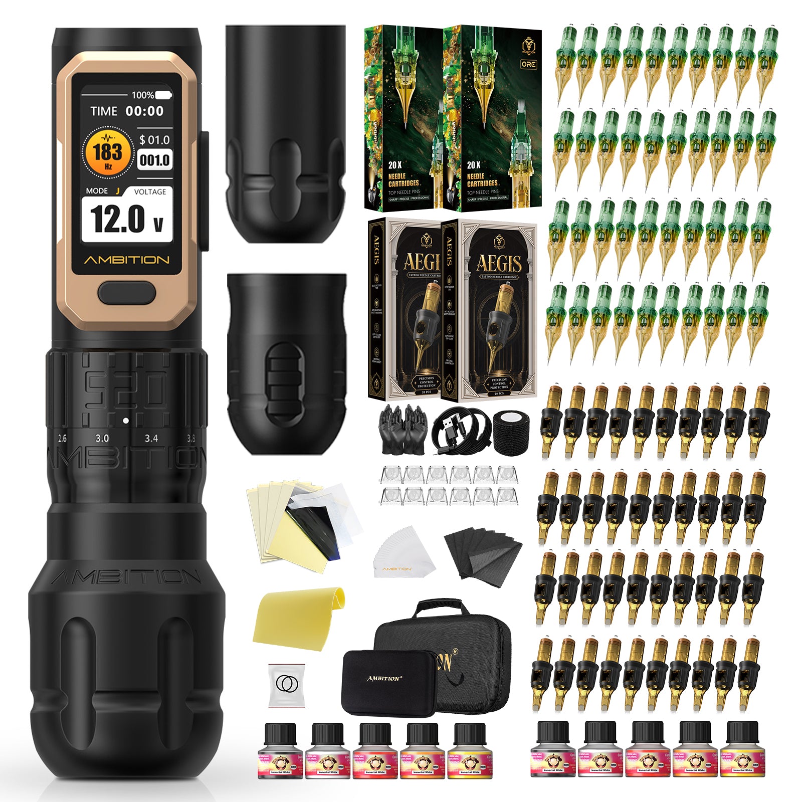 Ambition Soldier Pro 520 Wireless Tattoo Machine Kit with 80pcs Tattoo Cartridges