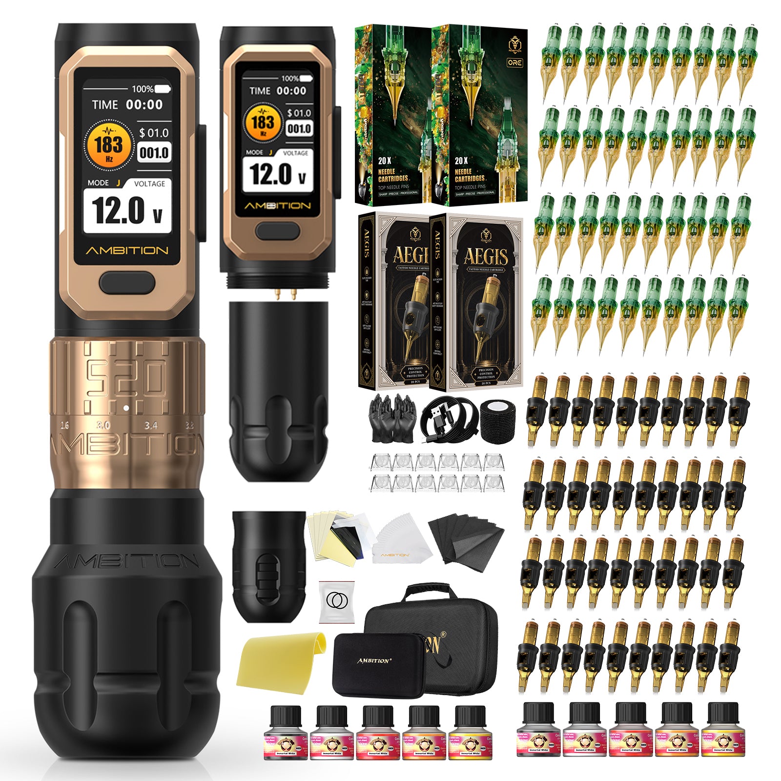 Ambition Soldier Pro 520 Wireless Tattoo Machine Kit with 80pcs Tattoo Cartridges