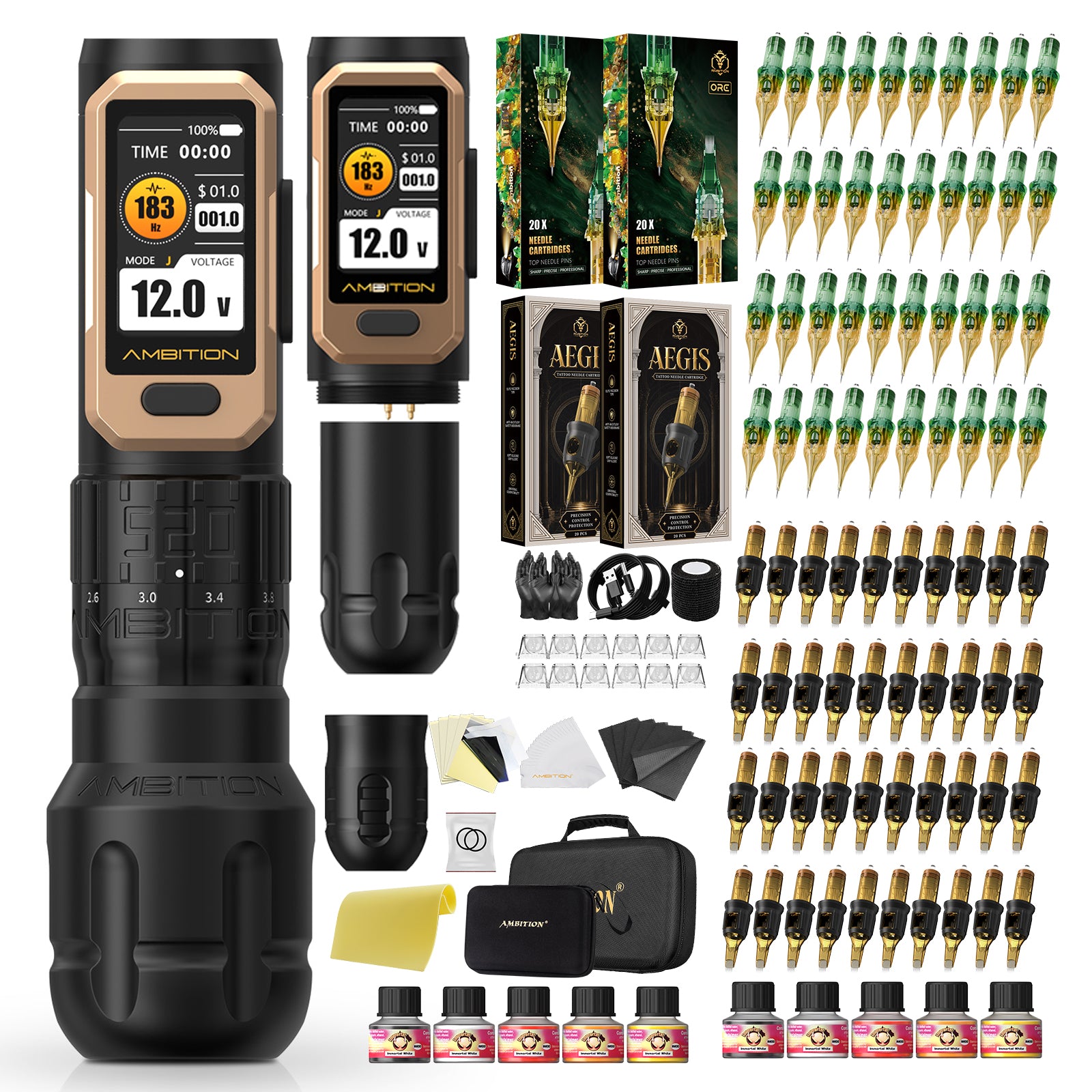 Ambition Soldier Pro 520 Wireless Tattoo Machine Kit with 80pcs Tattoo Cartridges