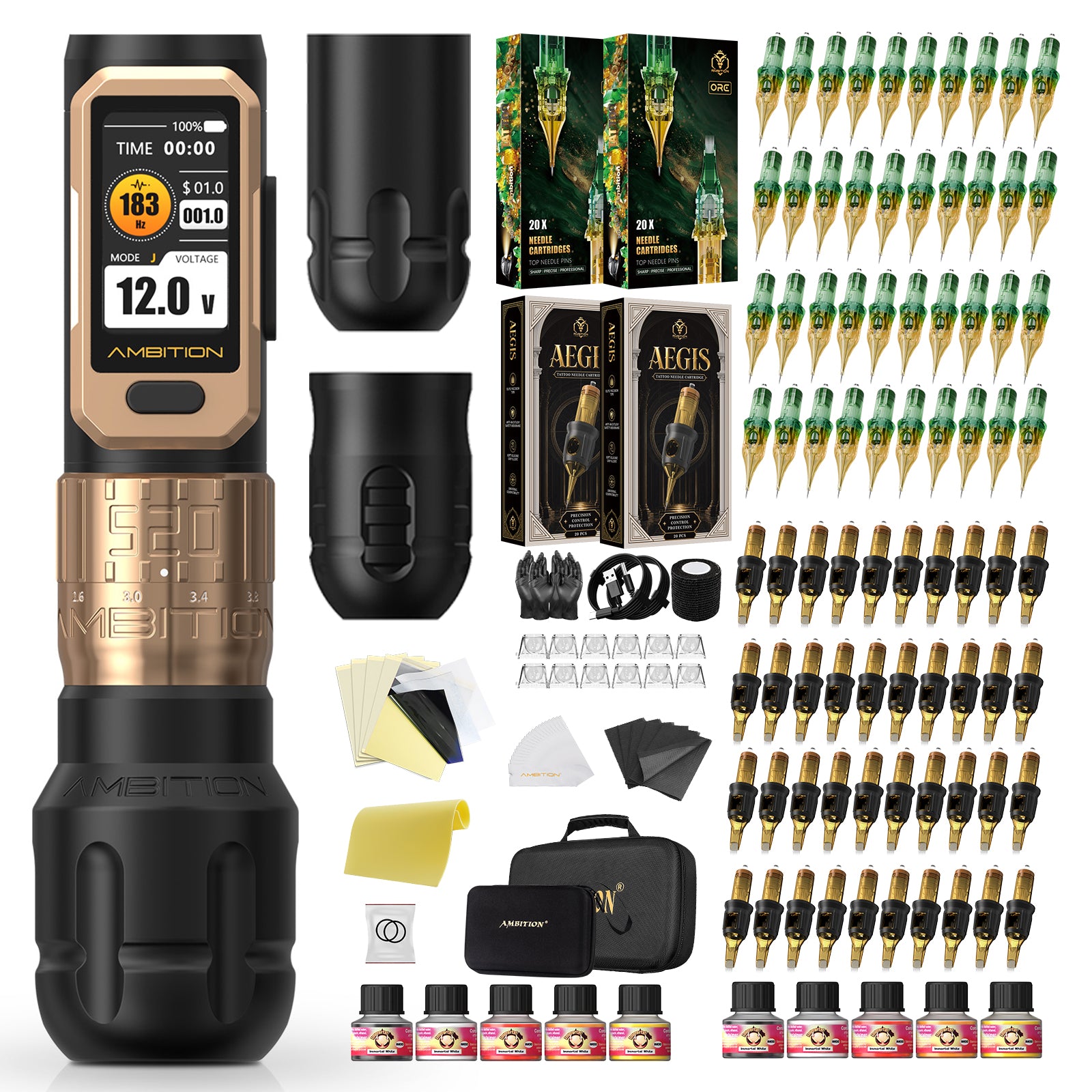 Ambition Soldier Pro 520 Wireless Tattoo Machine Kit with 80pcs Tattoo Cartridges