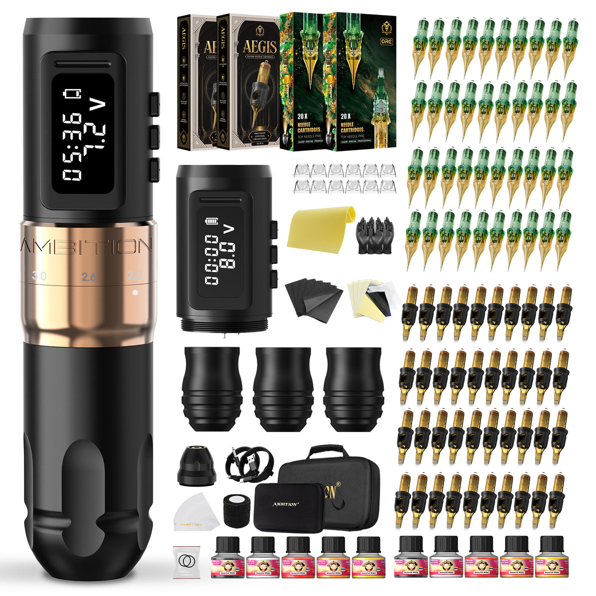 Ambition Mars-U Adjustable Stroke Wireless Tattoo Machine Kit 80pcs Cartridges