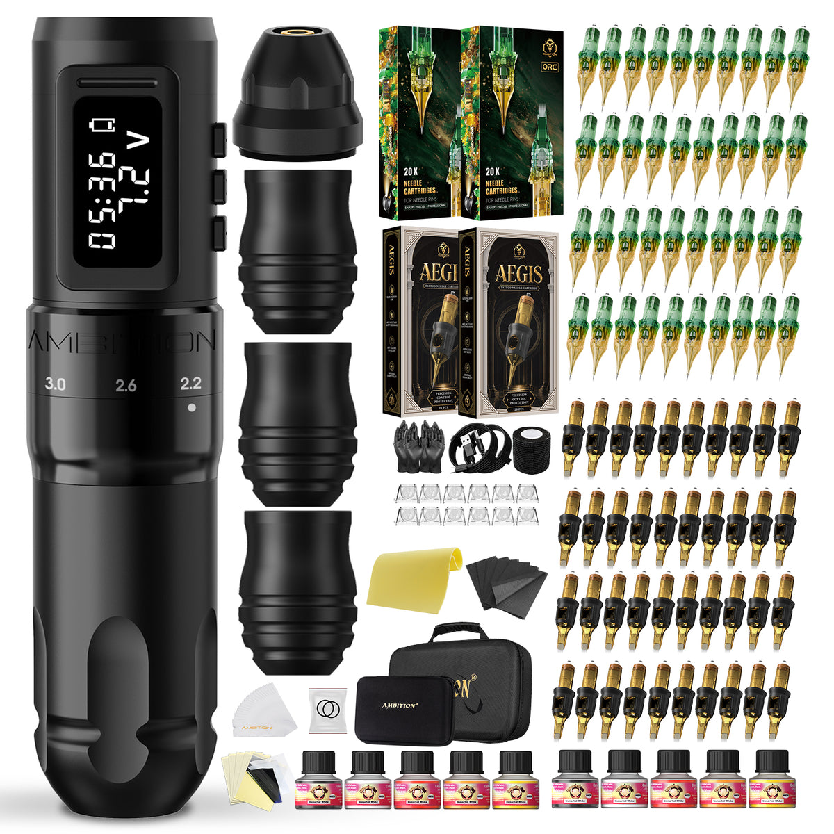 Ambition Mars-U Adjustable Stroke Wireless Tattoo Machine Kit 80pcs Cartridges