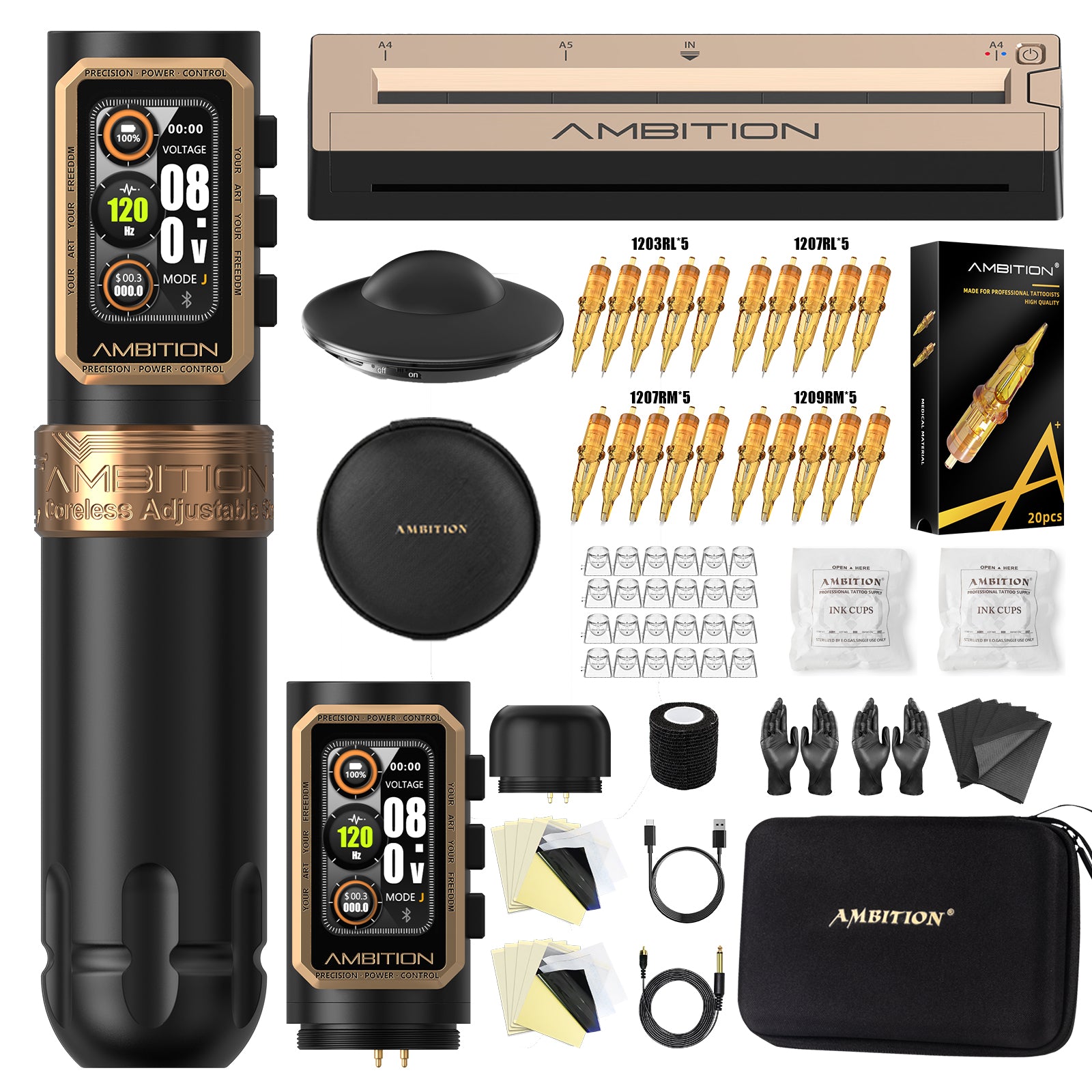 Ambition Epoch Professional Wireless Tattoo Kit with G1 Tattoo Stencil Printer & U1 Bluetooth Foot Switch