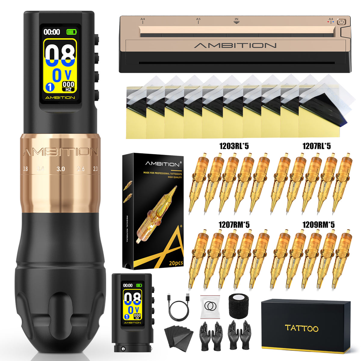 Ambition C3 Wireless Tattoo Machine Kit with Transfer Printer For Tattoo Beginner