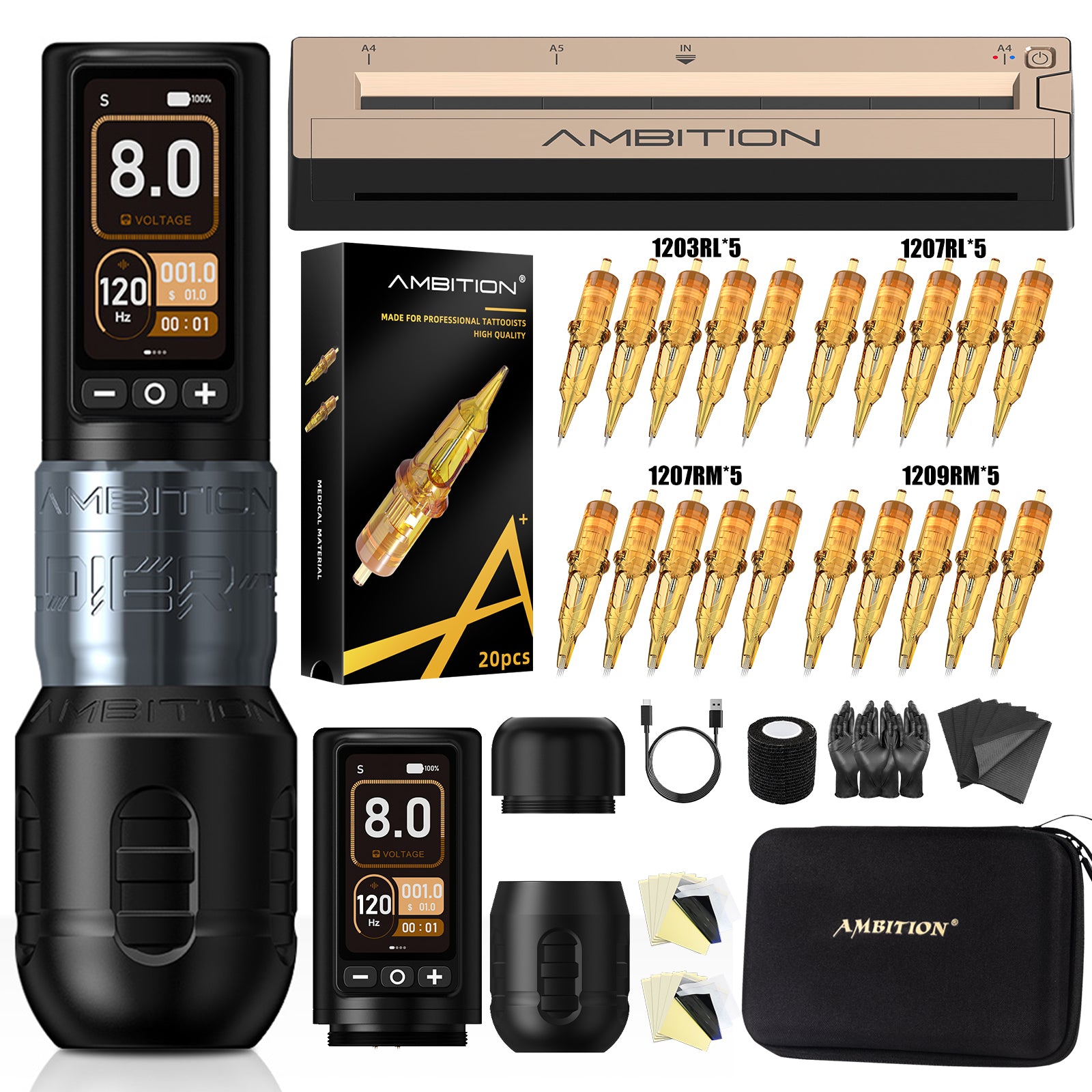 Ambition Soldier 270 Wireless Tattoo Machine Kit with G1 Stencil Printer | Professional Tattoo Bundle for Artists