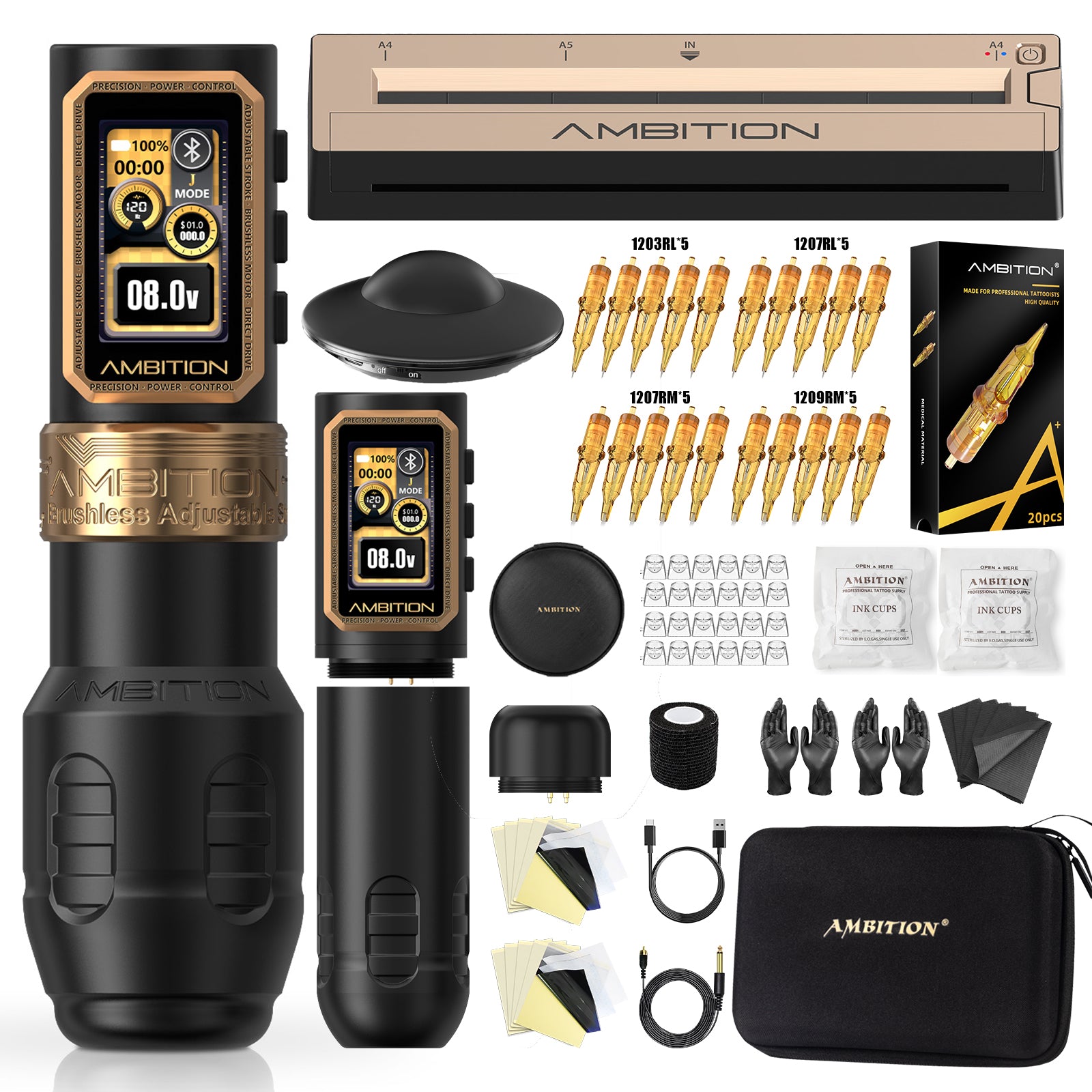 Ambition Epoch Max Professional Wireless Tattoo Kit with G1 Tattoo Stencil Printer & U1 Bluetooth Foot Switch