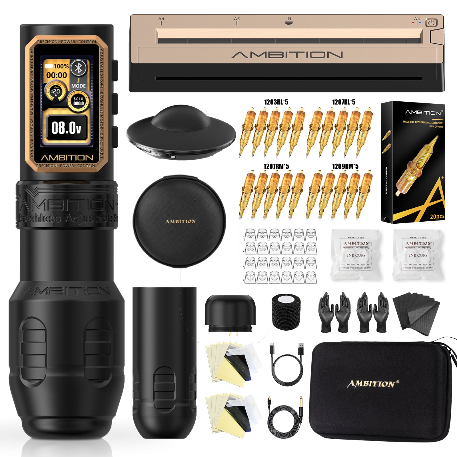 Ambition Epoch Max Professional Wireless Tattoo Kit with G1 Tattoo Stencil Printer & U1 Bluetooth Foot Switch