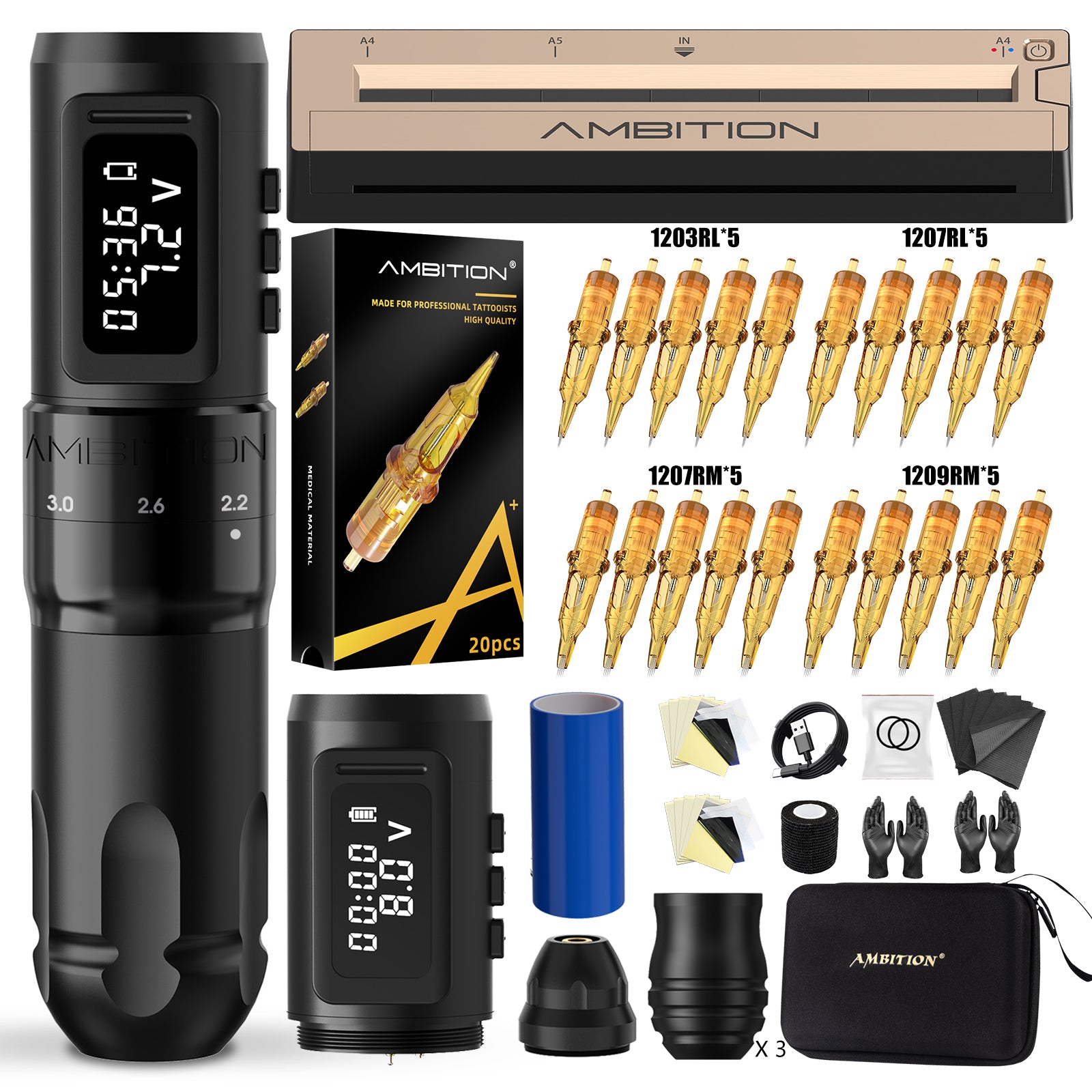 Ambition Mars-U Wireless Tattoo Machine + Tattoo Stencil Printer Full Kit