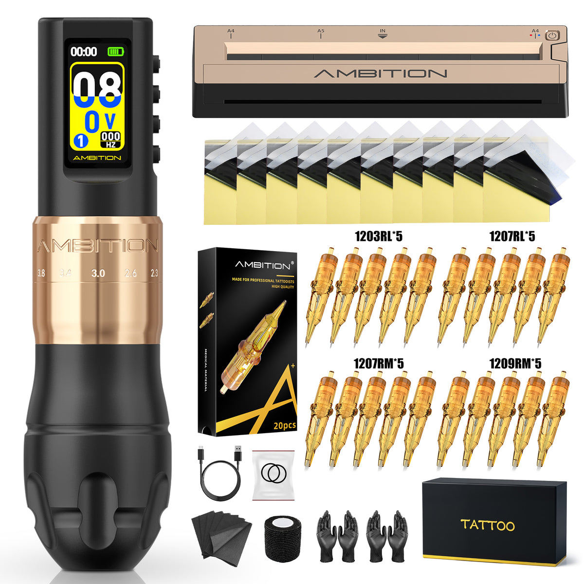 Ambition C3 Wireless Tattoo Machine Kit with Transfer Printer For Tattoo Beginner