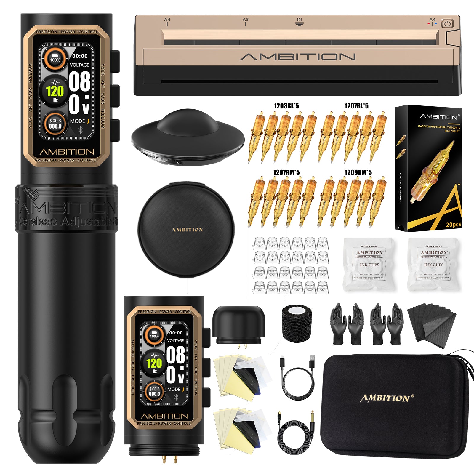 Ambition Epoch Professional Wireless Tattoo Kit with G1 Tattoo Stencil Printer & U1 Bluetooth Foot Switch