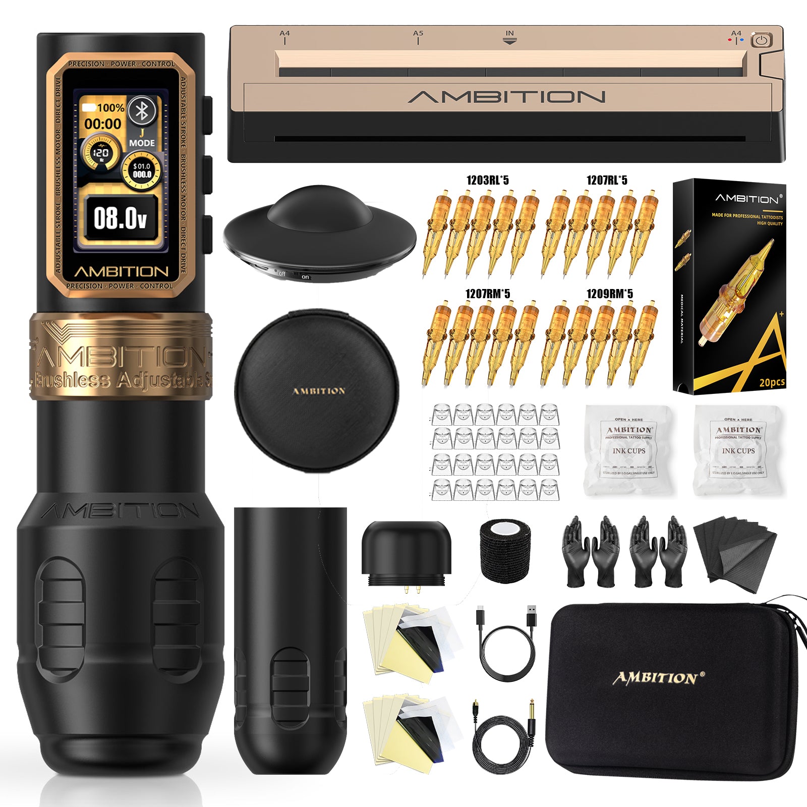 Ambition Epoch Max Professional Wireless Tattoo Kit with G1 Tattoo Stencil Printer & U1 Bluetooth Foot Switch