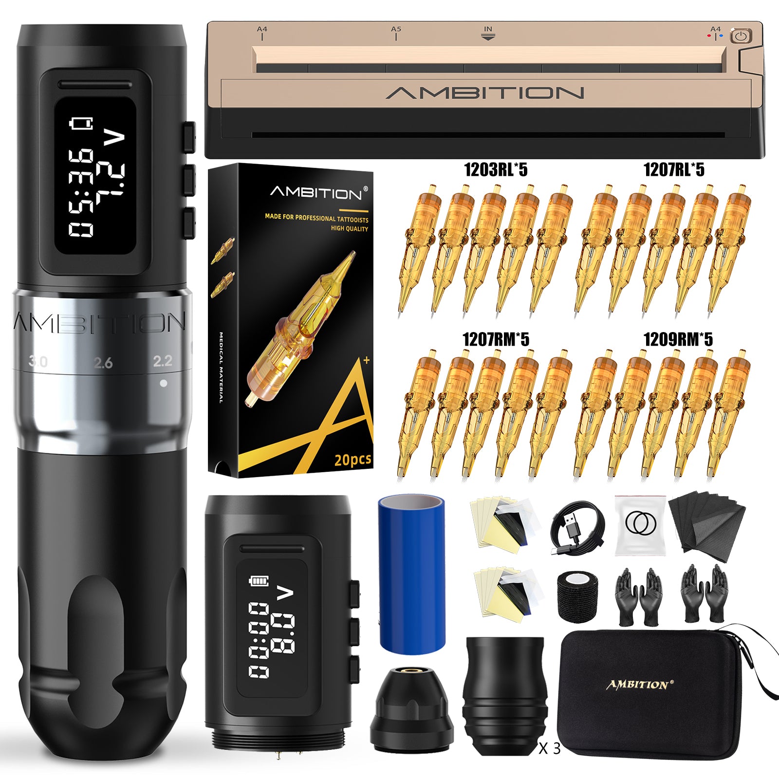 Ambition Mars-U Wireless Tattoo Machine + Tattoo Stencil Printer Full Kit