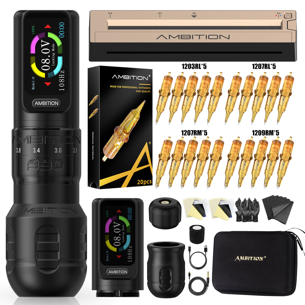 Ambition Seher Plus Wireless Tattoo Machine Kit with Tattoo Transfer Printer