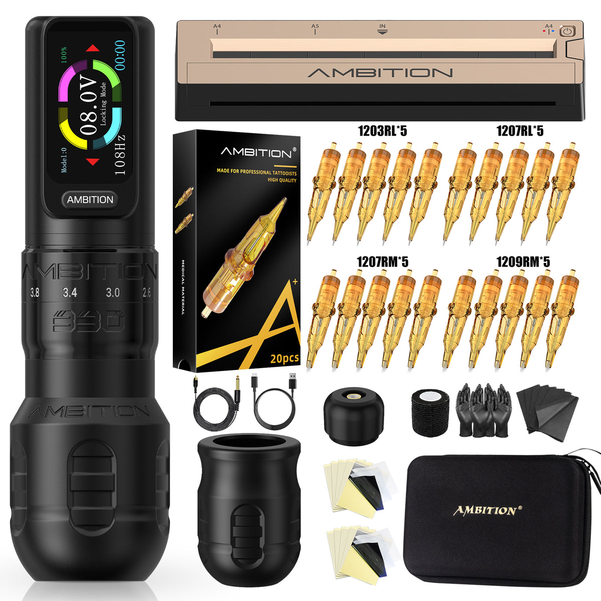 Ambition Seher Plus Wireless Tattoo Machine Kit with Tattoo Transfer Printer
