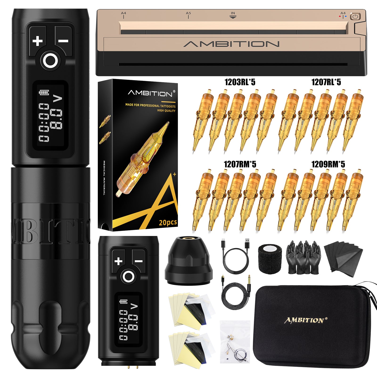 Ambition Soldier Wireless Tattoo Machine Kit + Bluetooth Stencil