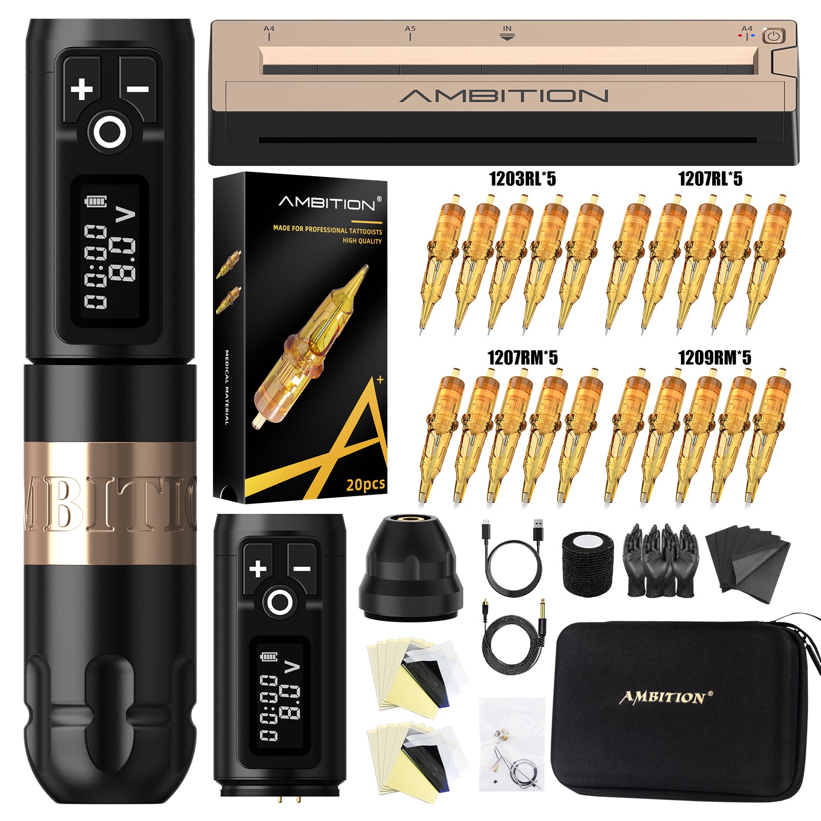 Ambition Soldier Wireless Tattoo Machine Kit + Bluetooth Stencil