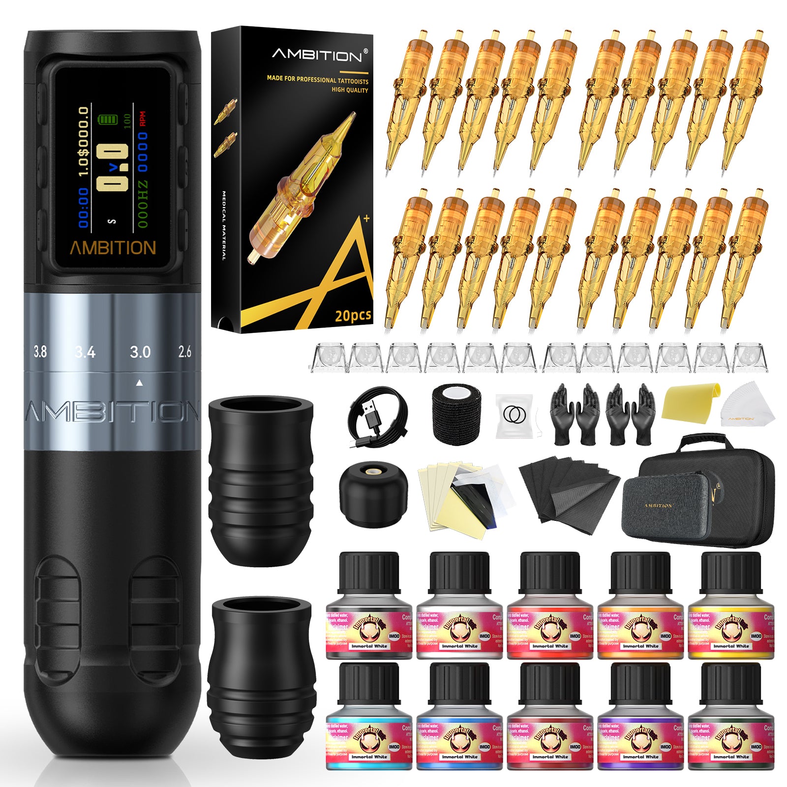 Ambition Paco 2025 Complete Tattoo Kit – Adjustable Stroke Wireless Tattoo Machine Set with Cartridges, Ink & Tattoo Supplies
