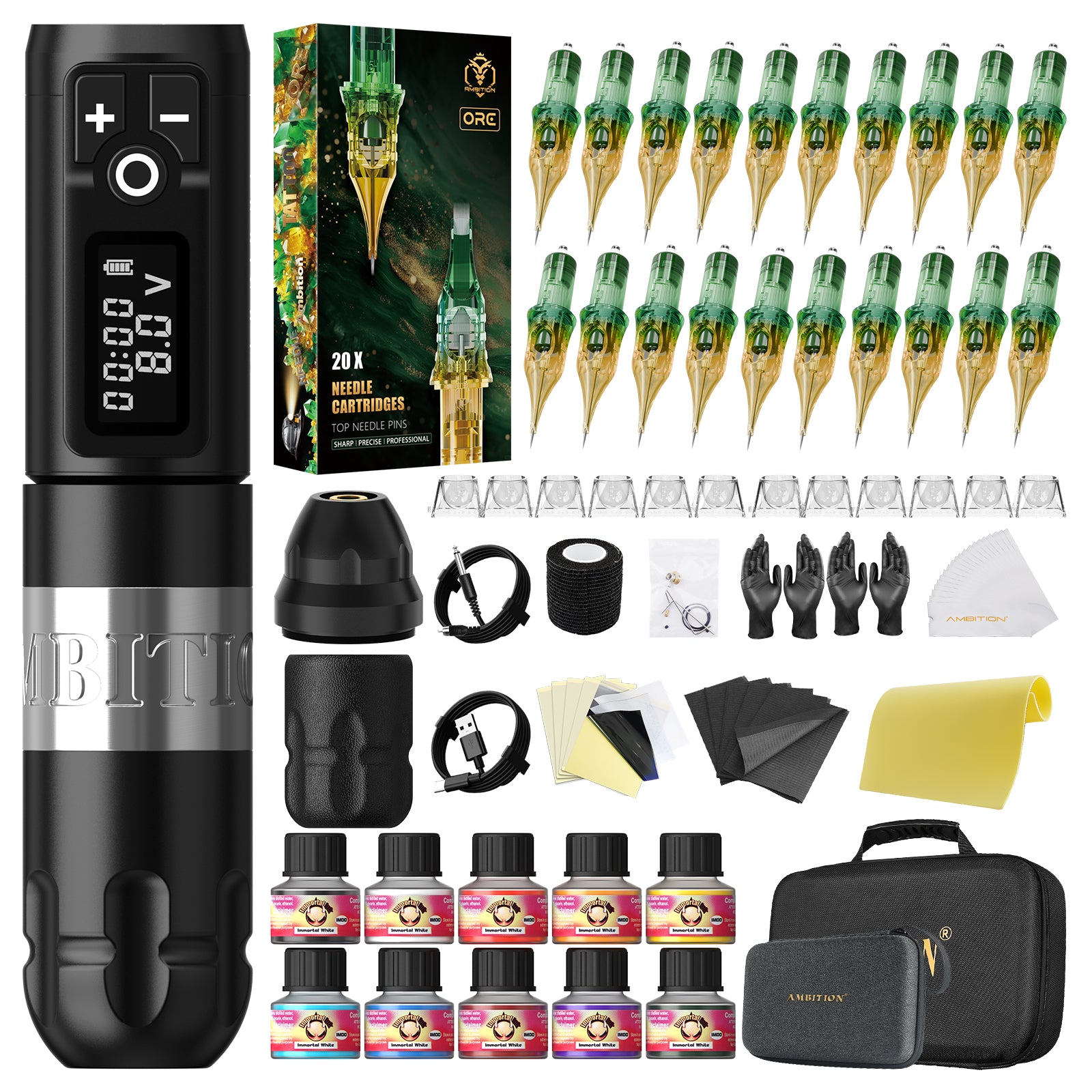 Ambition Soldier Wireless Tattoo Machine Kit with ORE/AEGIS Cartridge Bundle – Complete Tattoo Starter & Professional Setup