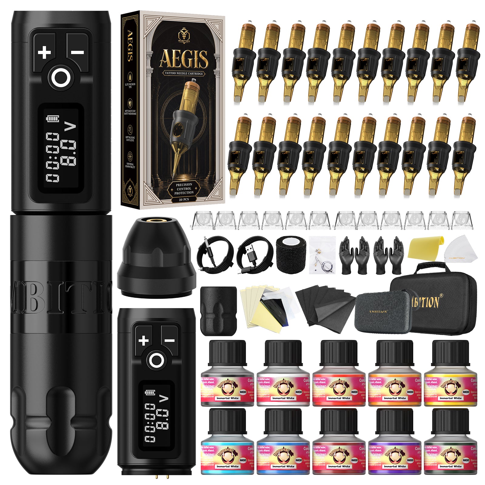 Ambition Soldier Wireless Tattoo Machine Kit with ORE/AEGIS Cartridge Bundle – Complete Tattoo Starter & Professional Setup