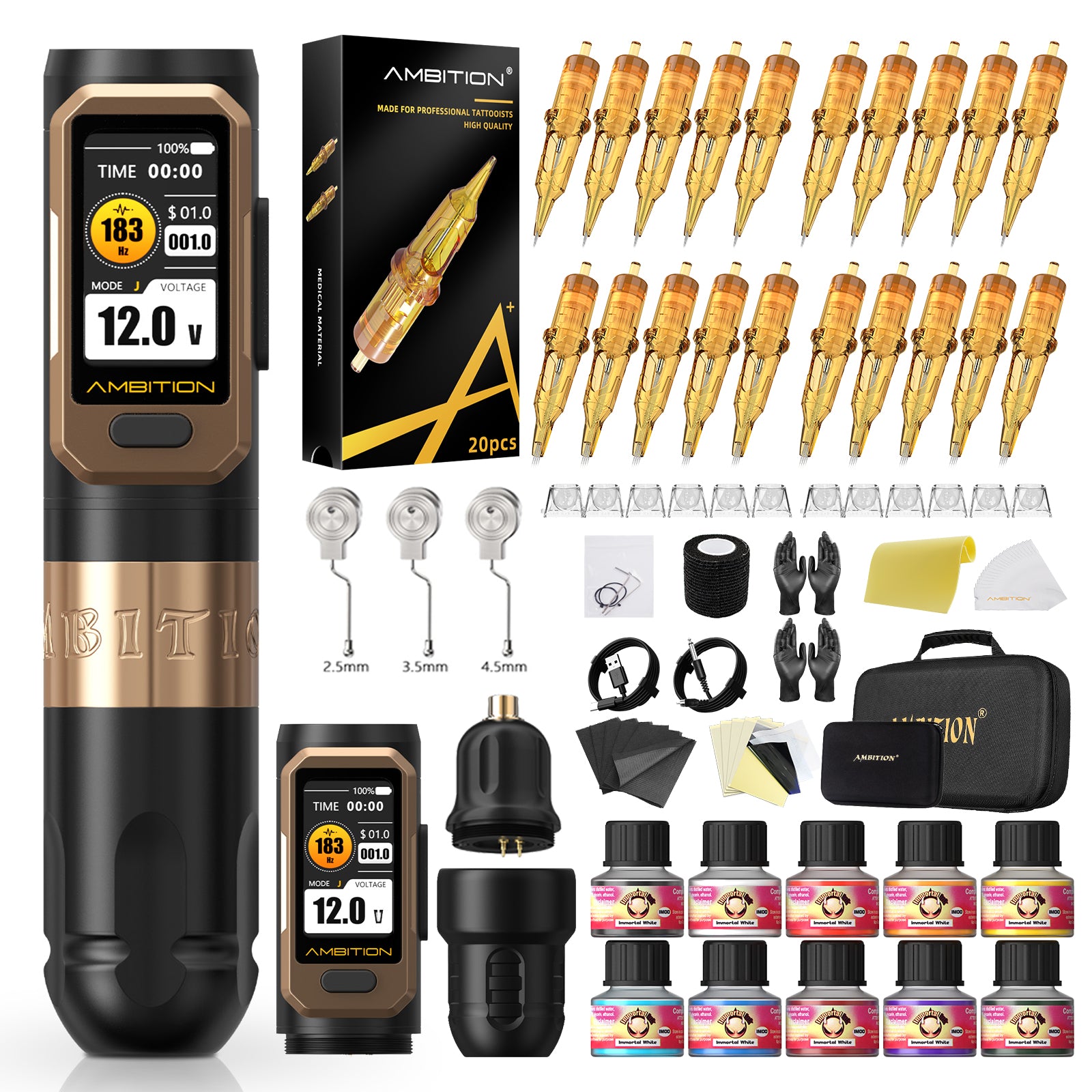 Ambition Vibe Ultra Wireless Tattoo Machine Complete Kit with Cartridges & Tattoo Supplies | 2.5/3.5/4.5mm Stroke