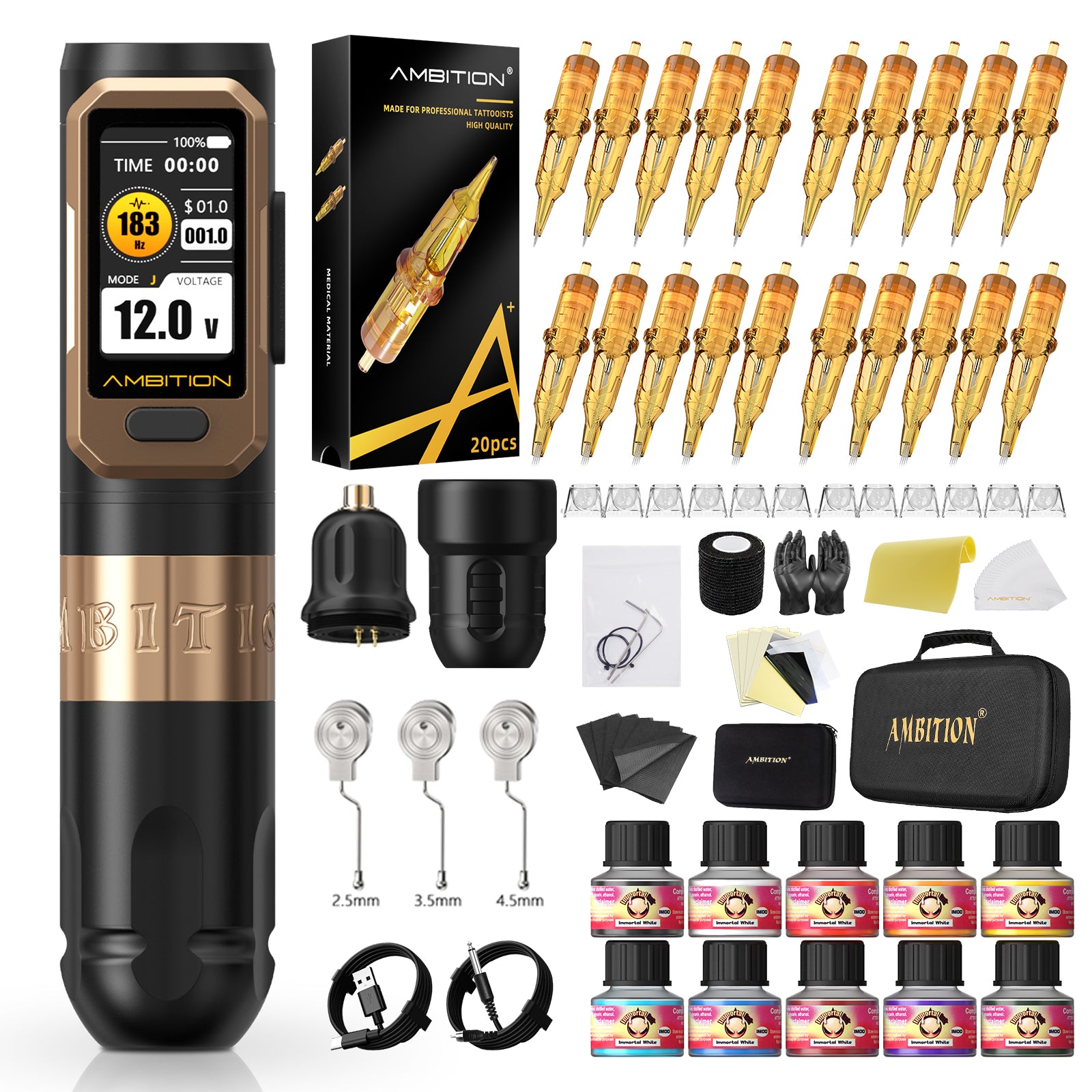 Ambition Vibe Ultra Wireless Tattoo Machine Complete Kit with Cartridges & Tattoo Supplies | 2.5/3.5/4.5mm Stroke