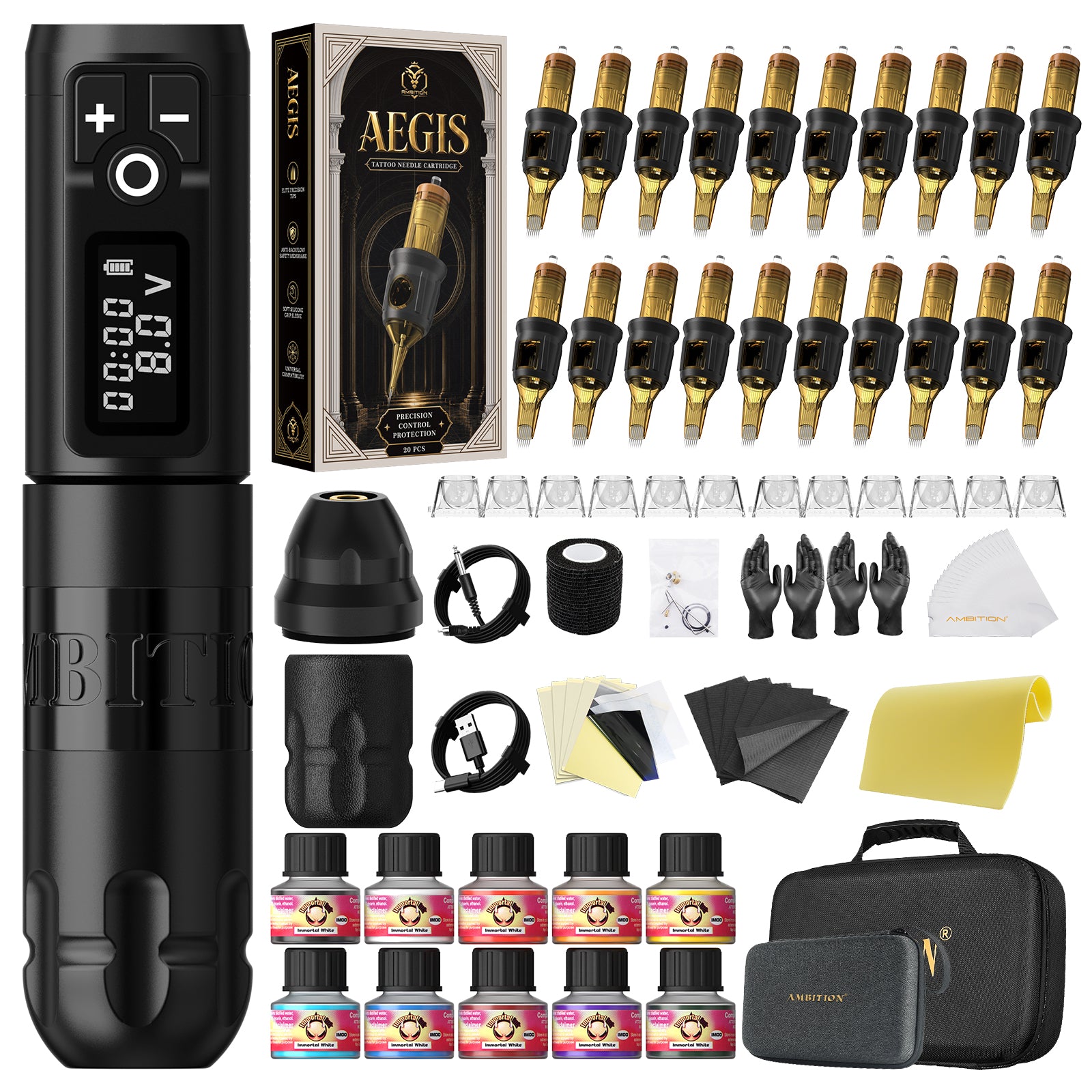 Ambition Soldier Wireless Tattoo Machine Kit with ORE/AEGIS Cartridge Bundle – Complete Tattoo Starter & Professional Setup