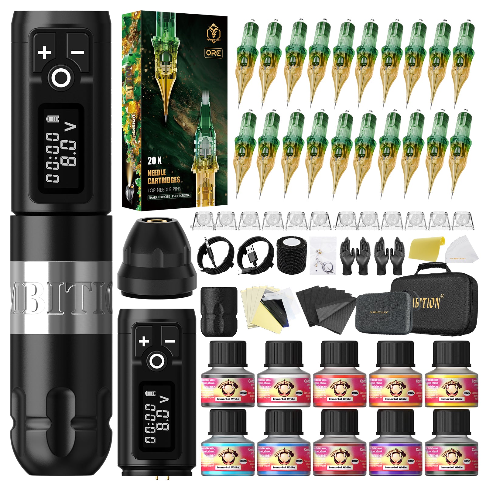 Ambition Soldier Wireless Tattoo Machine Kit with ORE/AEGIS Cartridge Bundle – Complete Tattoo Starter & Professional Setup