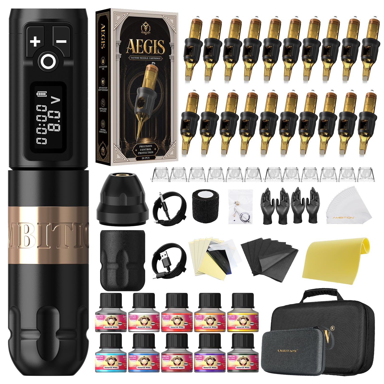 Ambition Soldier Wireless Tattoo Machine Kit with ORE/AEGIS Cartridge Bundle – Complete Tattoo Starter & Professional Setup