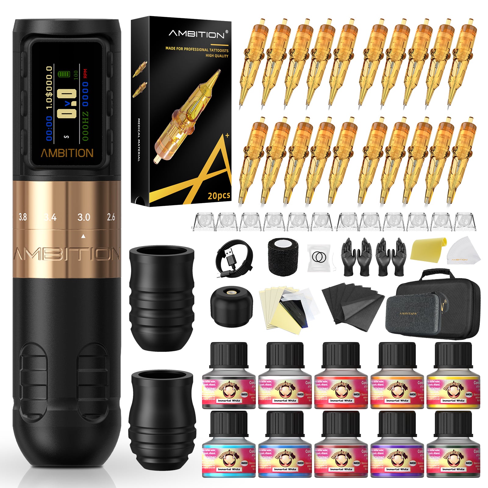 Ambition Paco 2025 Complete Tattoo Kit – Adjustable Stroke Wireless Tattoo Machine Set with Cartridges, Ink & Tattoo Supplies